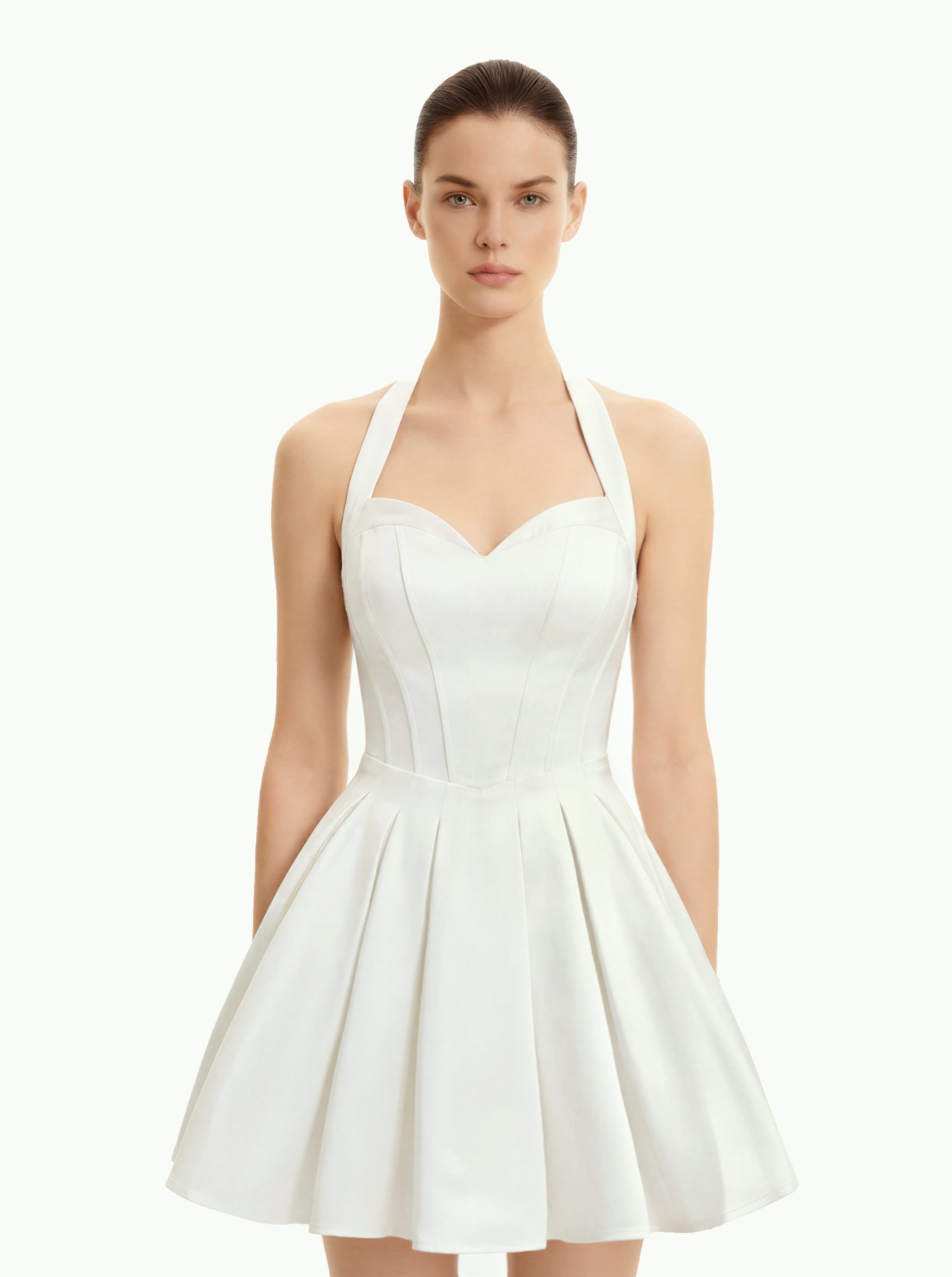 Pleated Bustier Halter Mini Dress - White