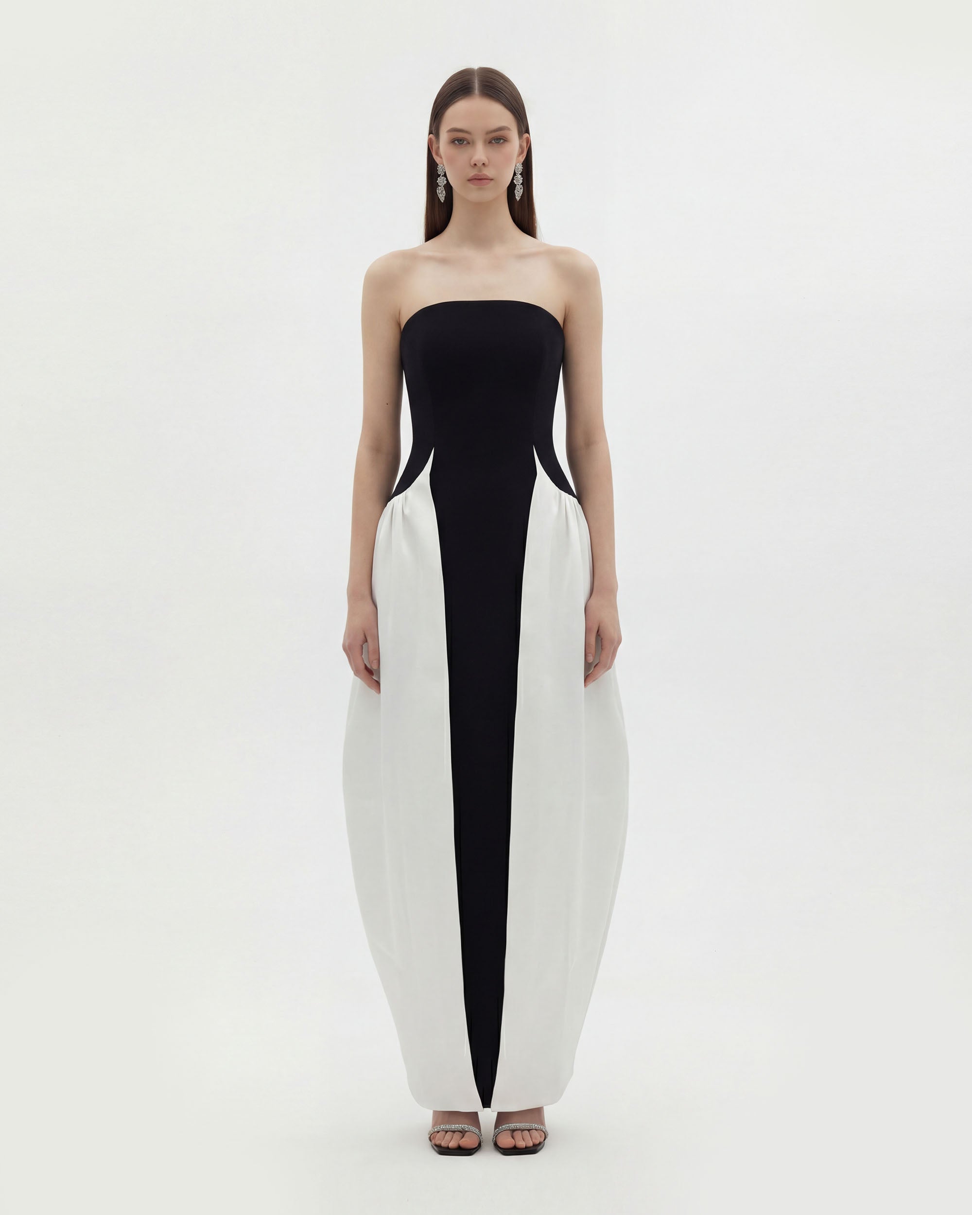 Monochrome Paneled Strapless Sculptural Maxi Dress - Black | JW PEI