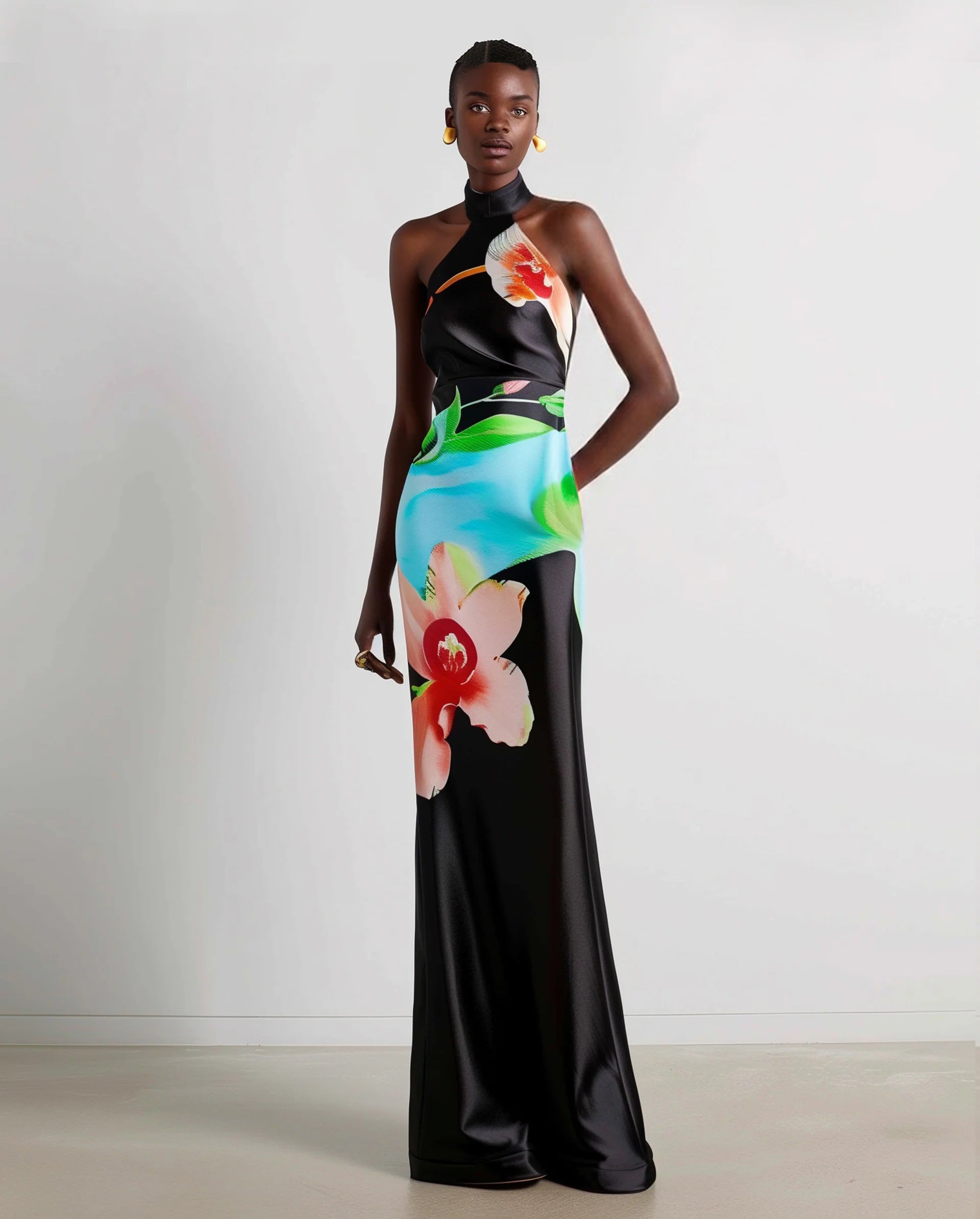 multicolor satin dress Tropical Bias Cut Multicolor Satin Maxi Dress Birds of Paradise / 4