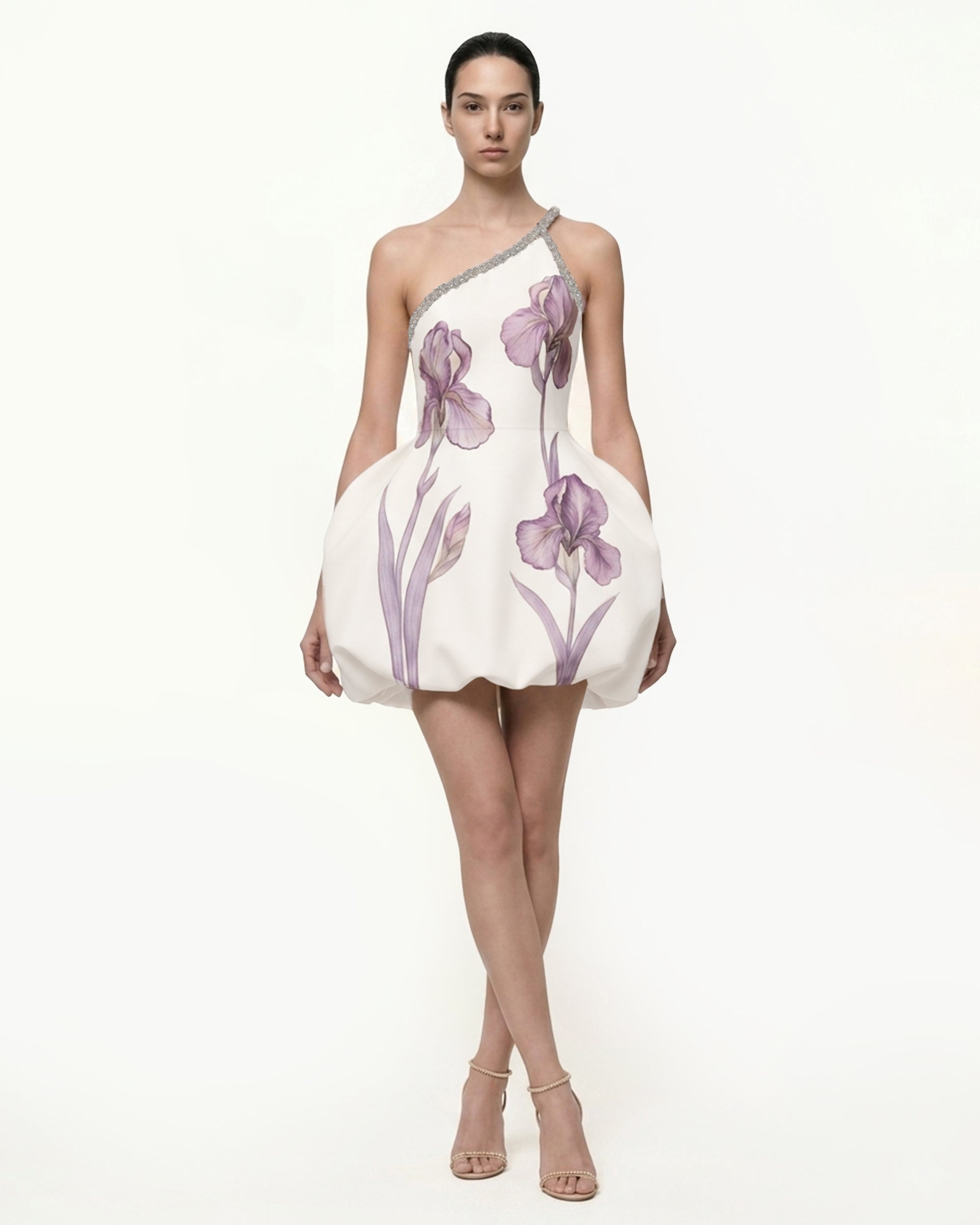 Jeweled One Shoulder Floral Bubble Dress - White