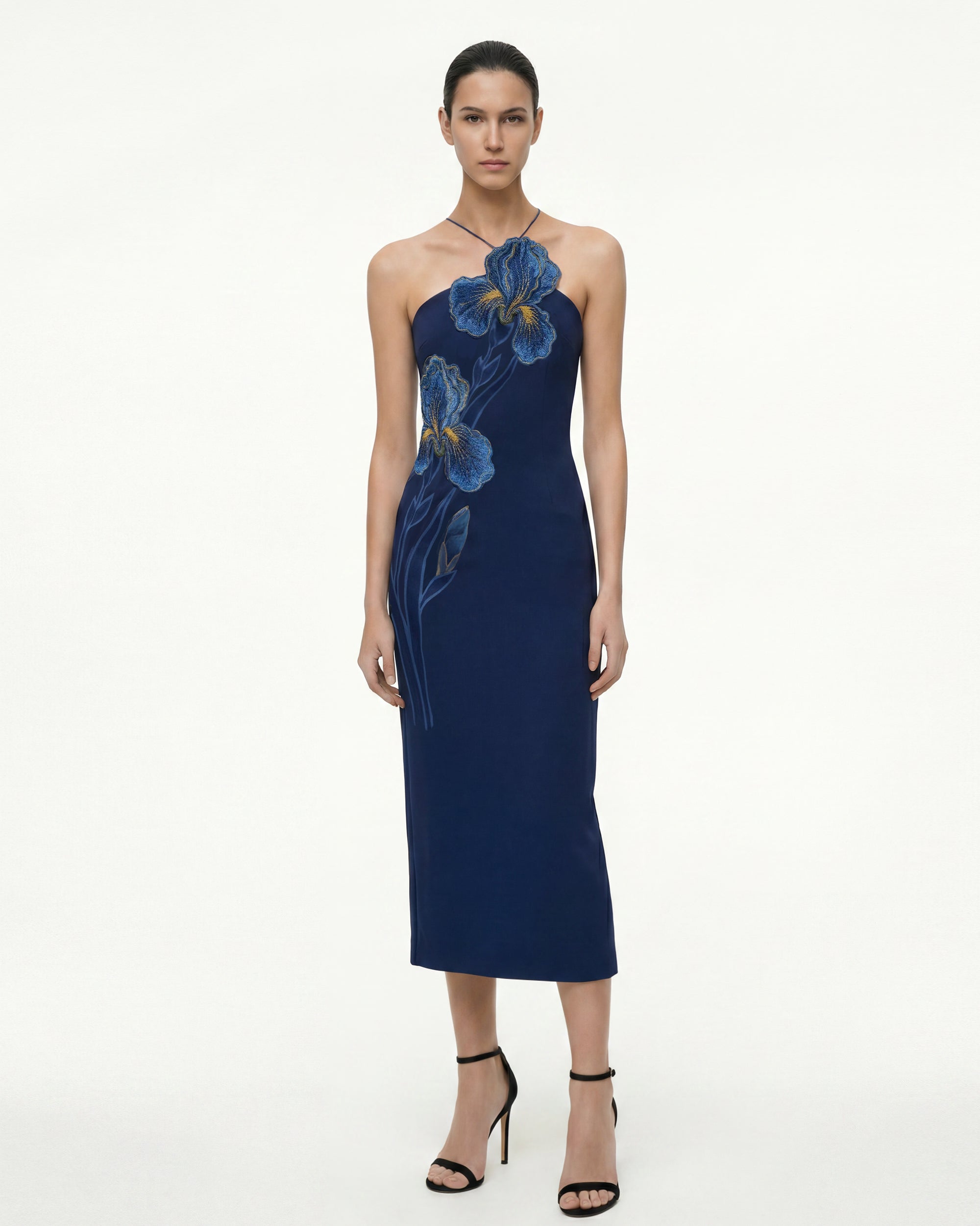 navy halter midi dress Iris Embroidered Satin midi