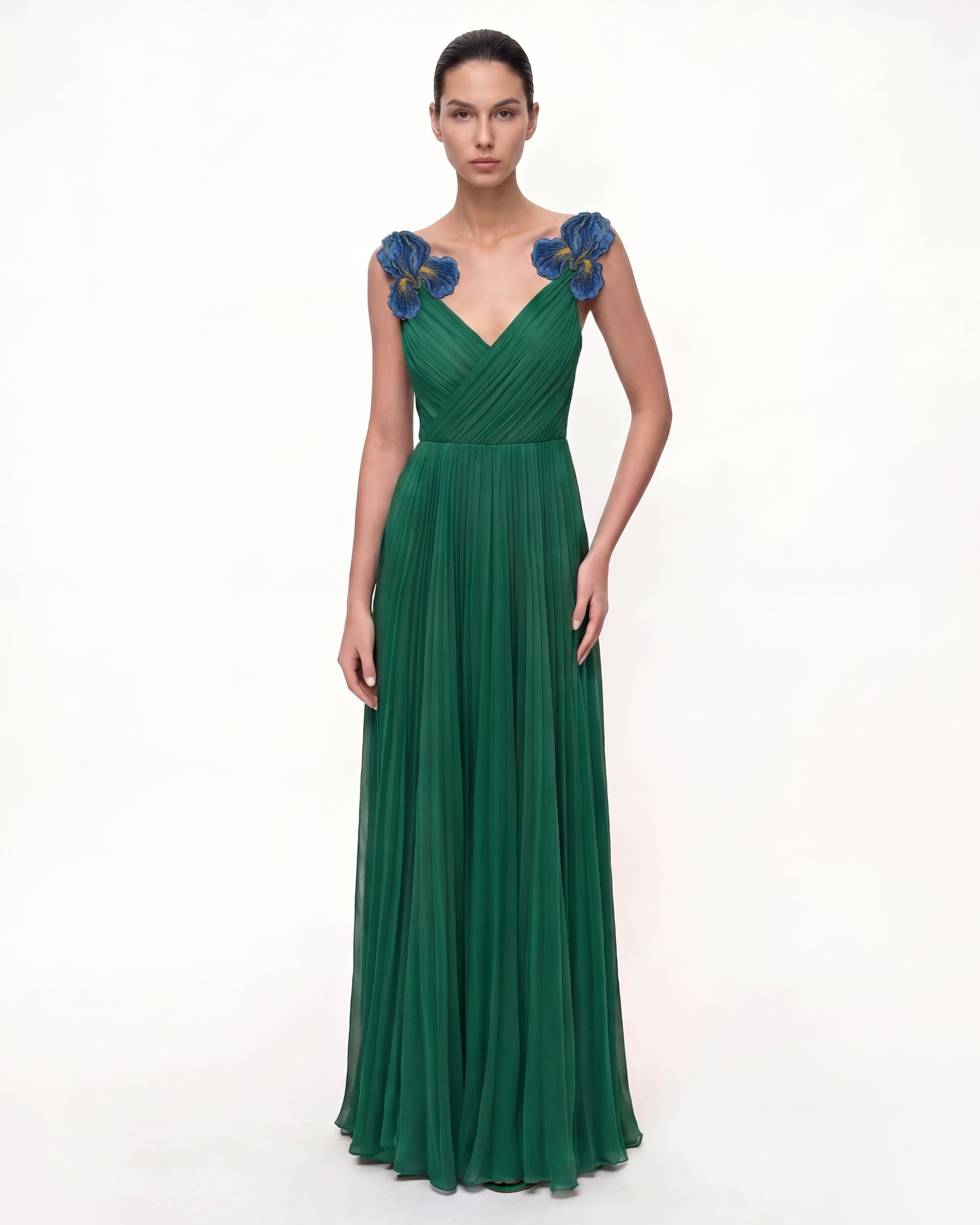 Iris Embroidered Pleated V-Neck Maxi Dress - Emerald Green | JW PEI Iris Embroidered Pleated V-Neck Maxi Dress - Emerald Green | JW PEI