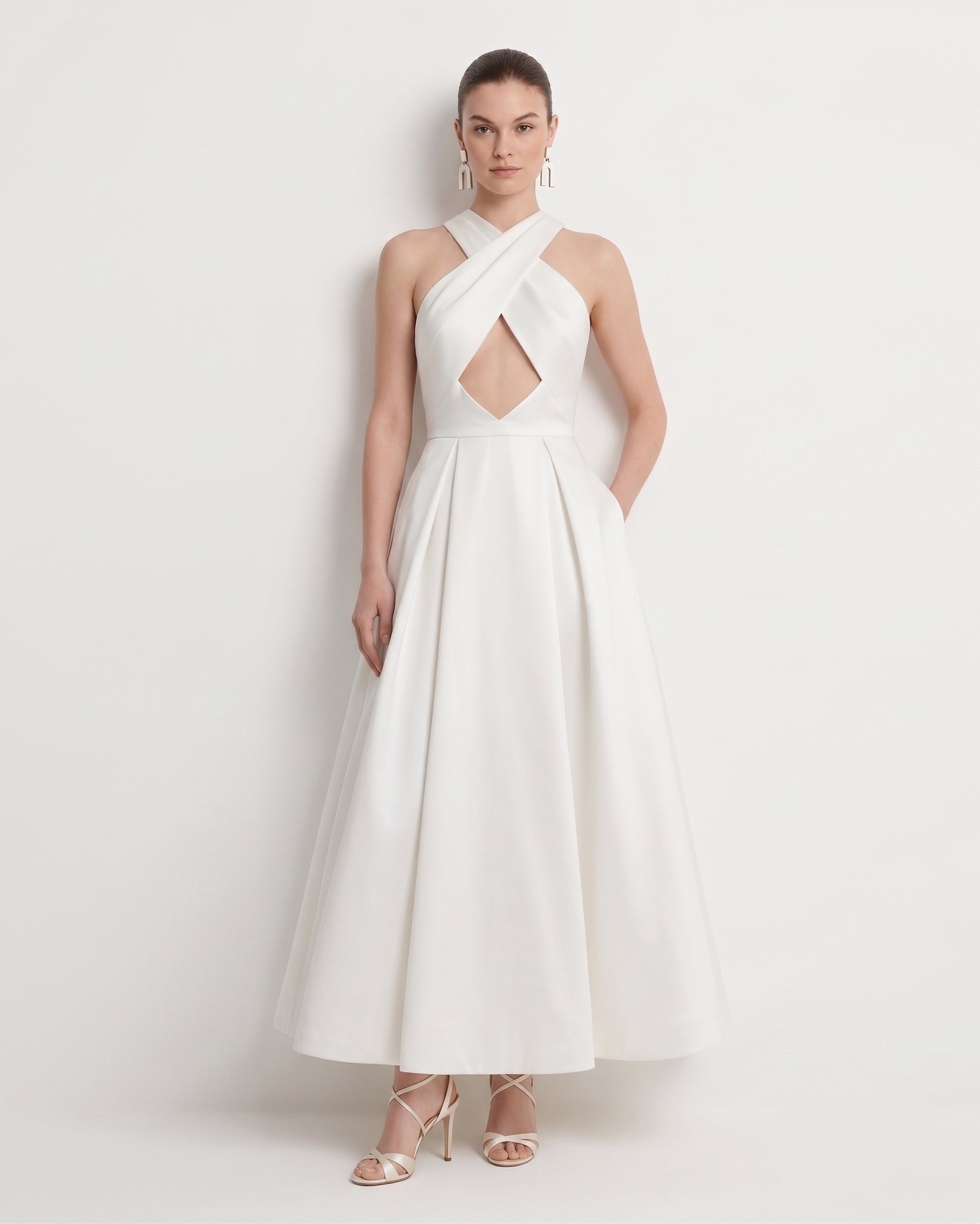 Cross Halter Cut-Out A-Line Midi Dress - Ivory | JW PEI Cross Halter Cut-Out A-Line Midi Dress - Ivory | JW PEI