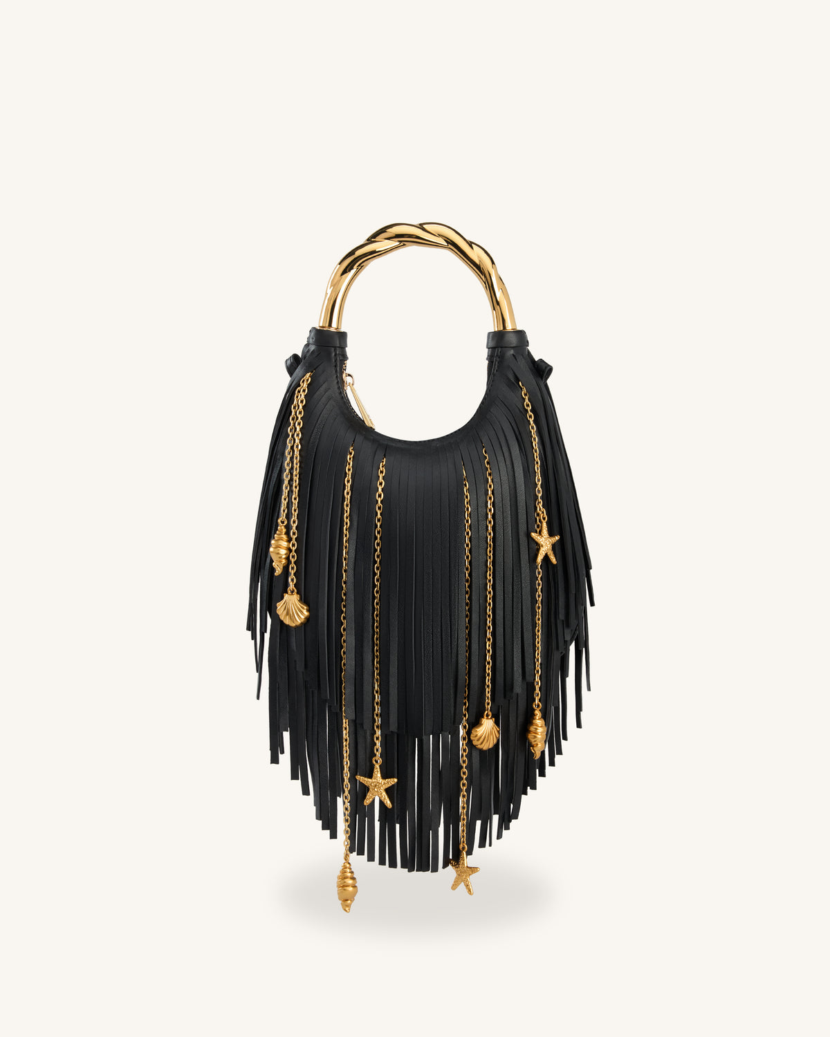 Chlorie Metal Handle Fringe Top Handbag - Black