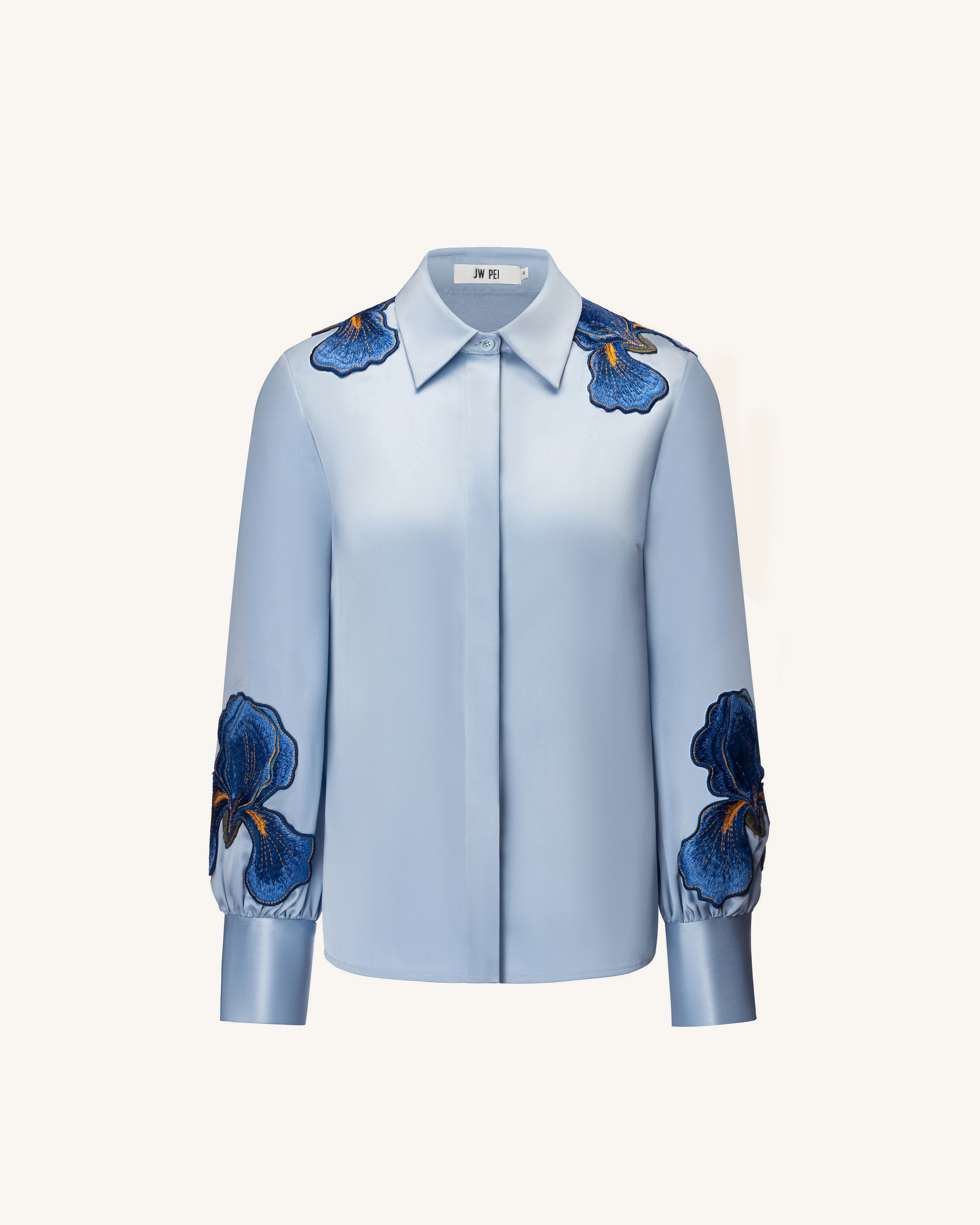 Iris Embroidered Collared Long Sleeve Shirt - Light Blue