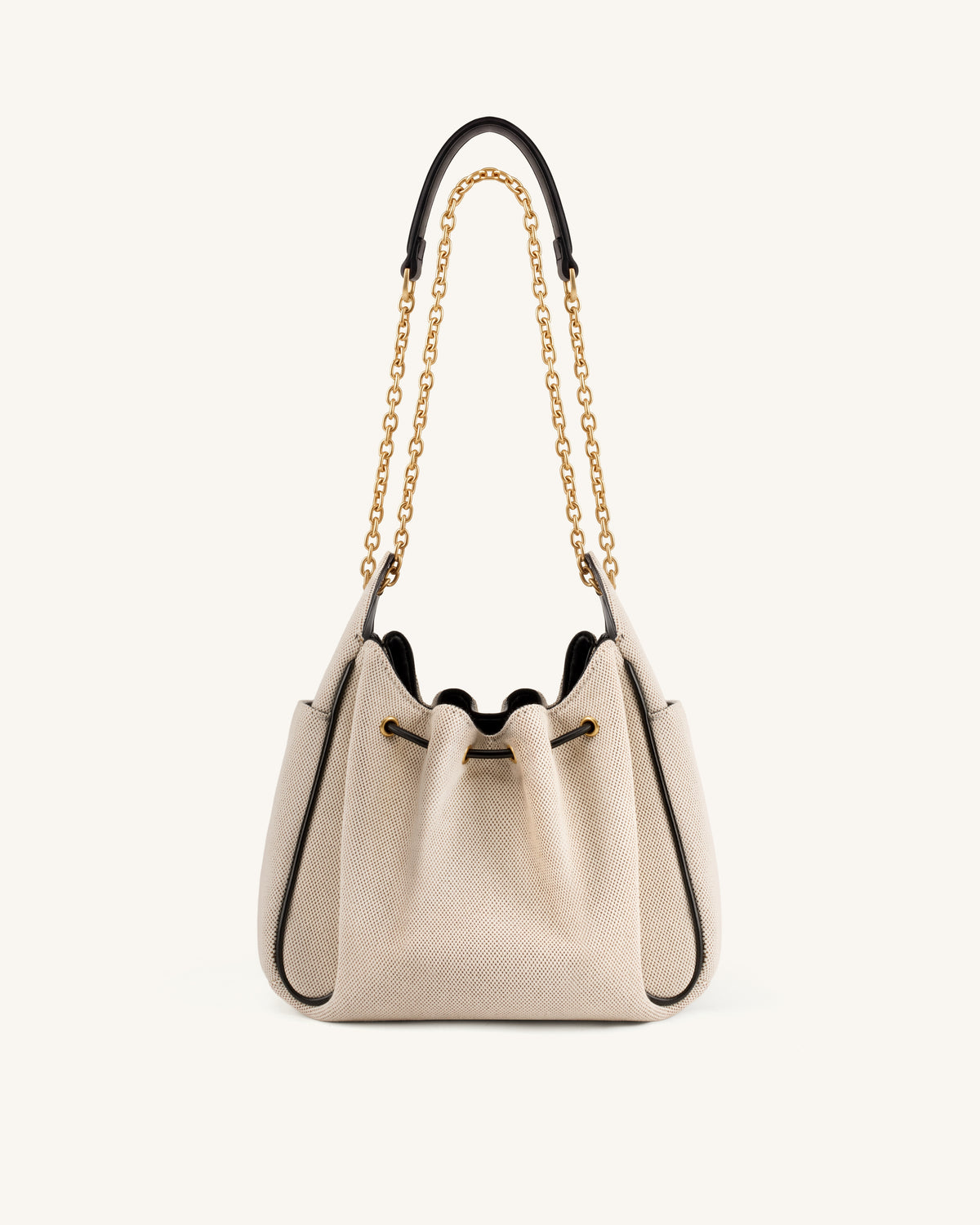 Rowan Ruched Drawstring Chain Bucket Bag - Black Canvas