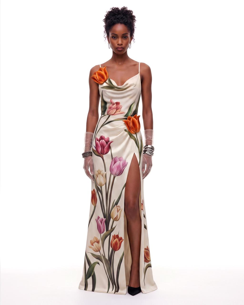 cowl neck ivory dress Tulip Floral Cowl-Neck Slit Maxi - SID-ID23189