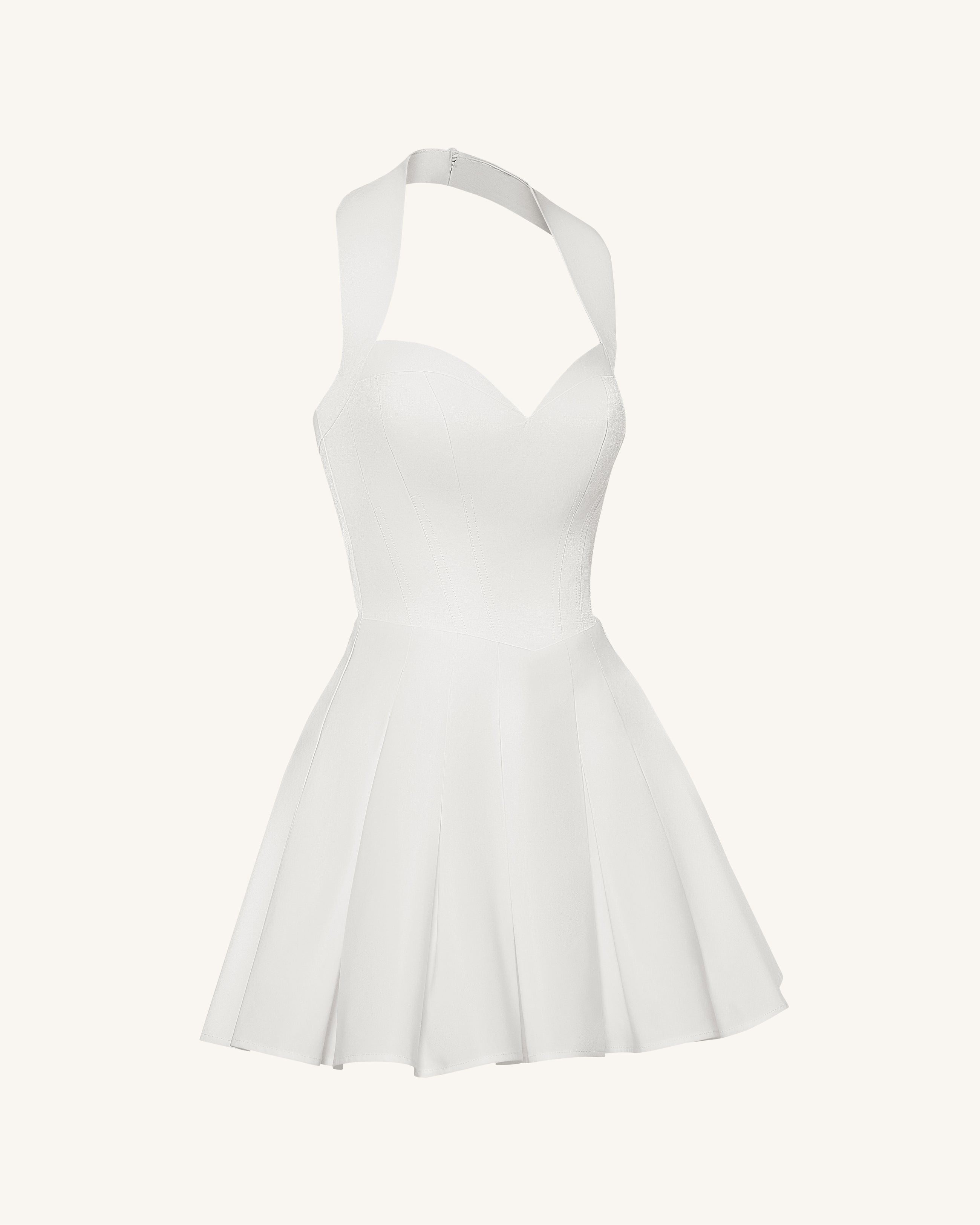 Pleated Bustier Halter Mini Dress - White