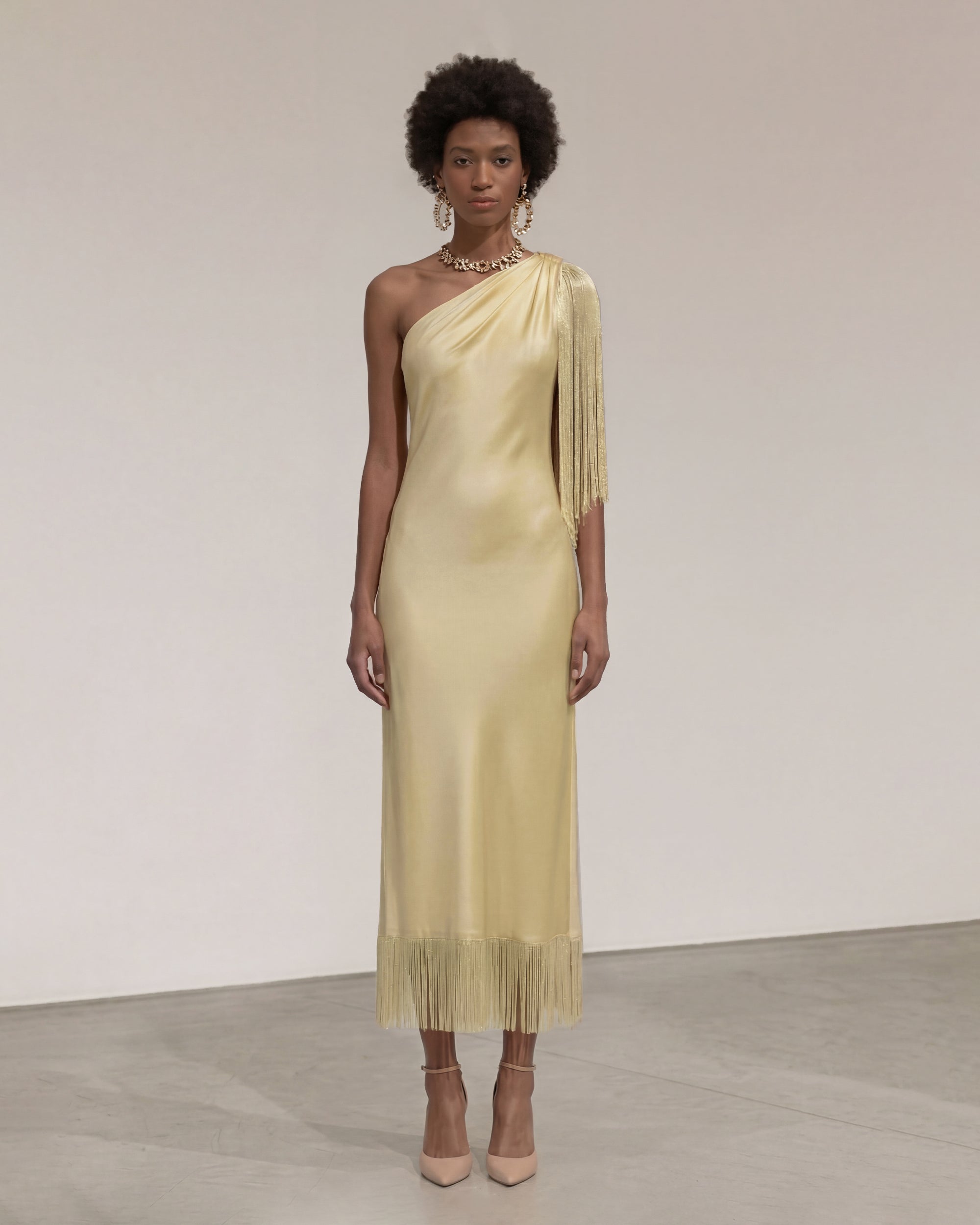 champagne midi dress One Shoulder Fringe - Satin low back wedding african clothing jumpsuits Sparkly May be worn with COLOR:ROYAL GOLD