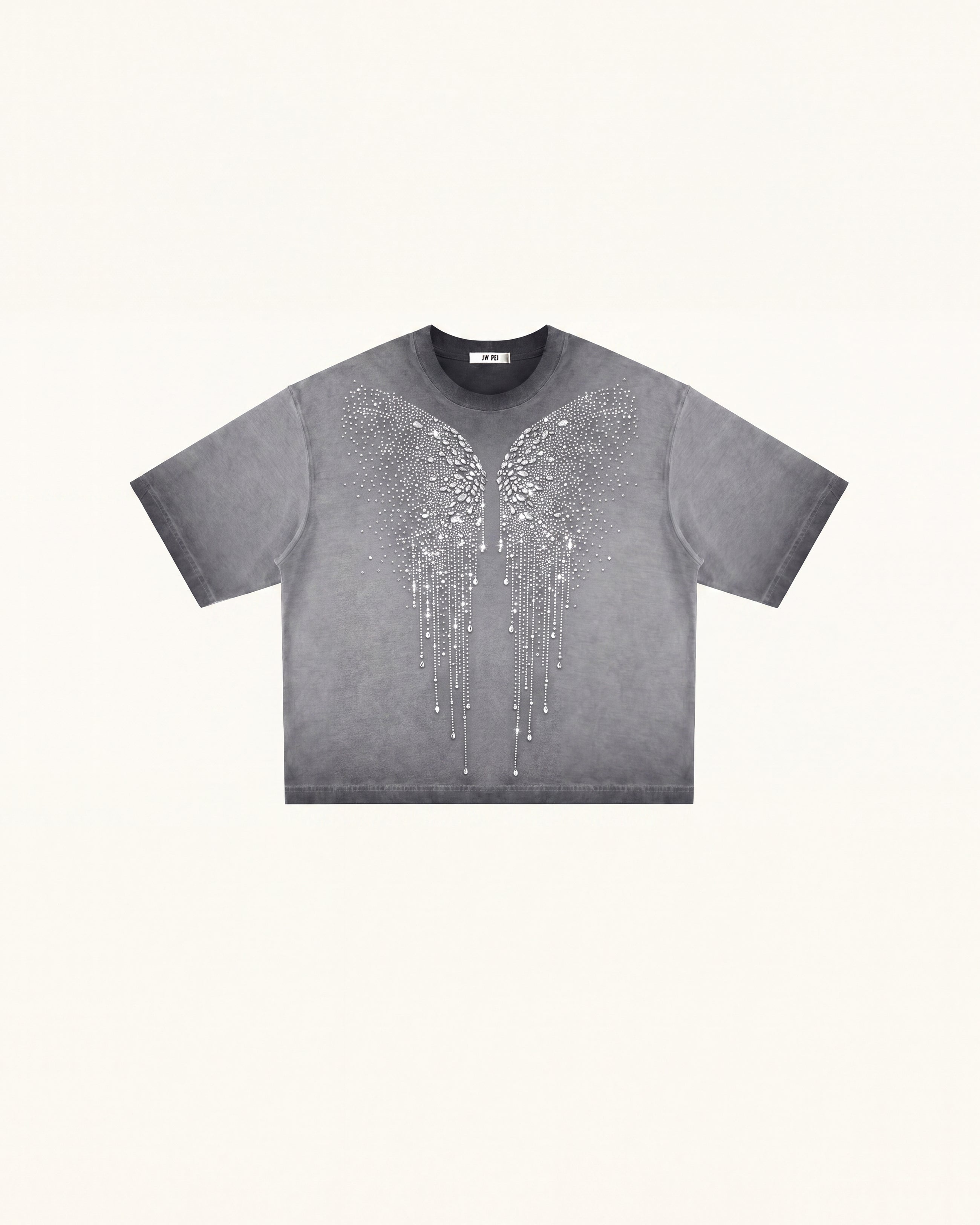 The Angelic Dripping Crystal Wings Tee - Washed Grey