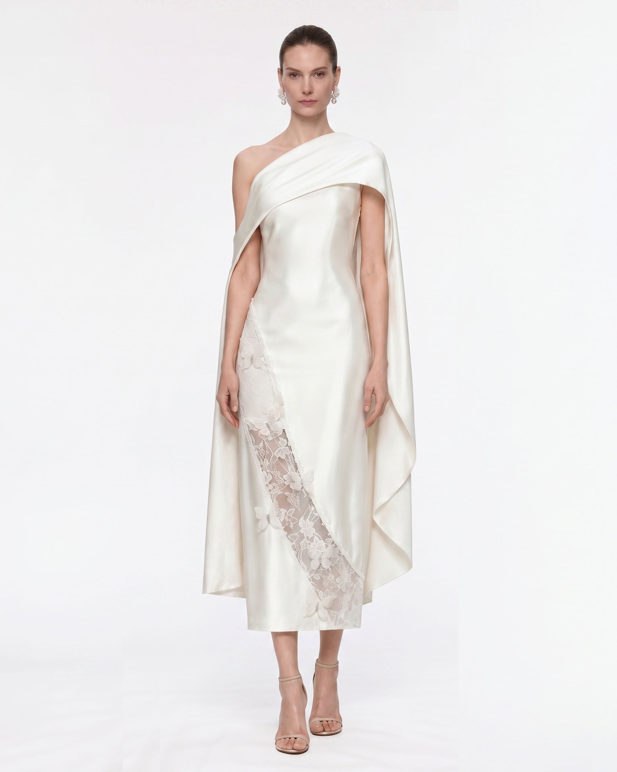 satin midi dress ivory Butterfly Lace Panel Draped - LowStock:43620828020787