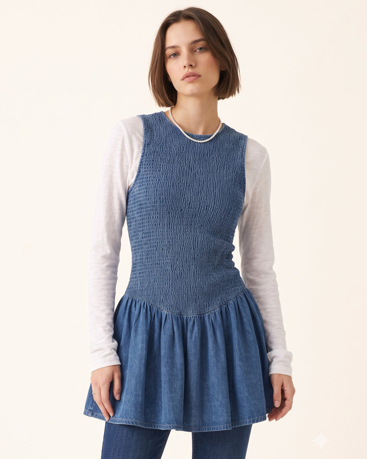 Darling Shirred Elastic Flared Denim Dress - Vintage Indigo
