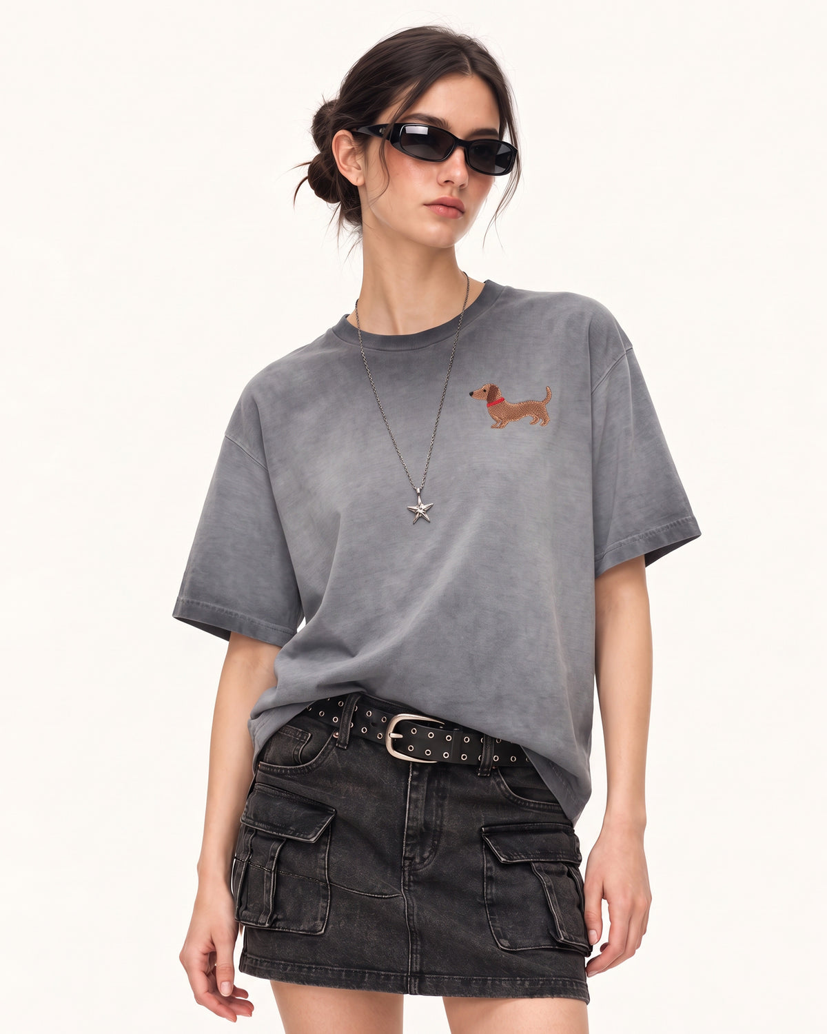 Embroidered Dachshund Boxy Tee - Washed Grey