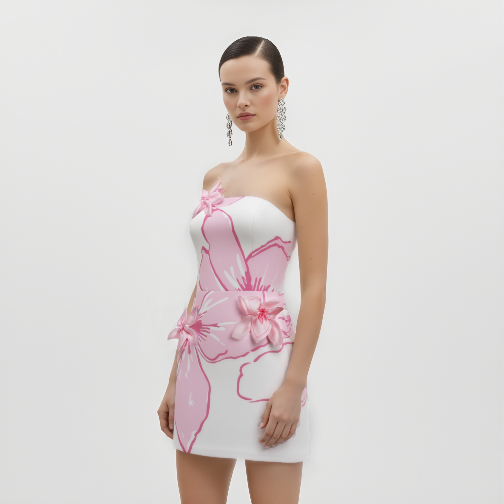 Mini Dress with Pink Floral Appliqués - White/Pink