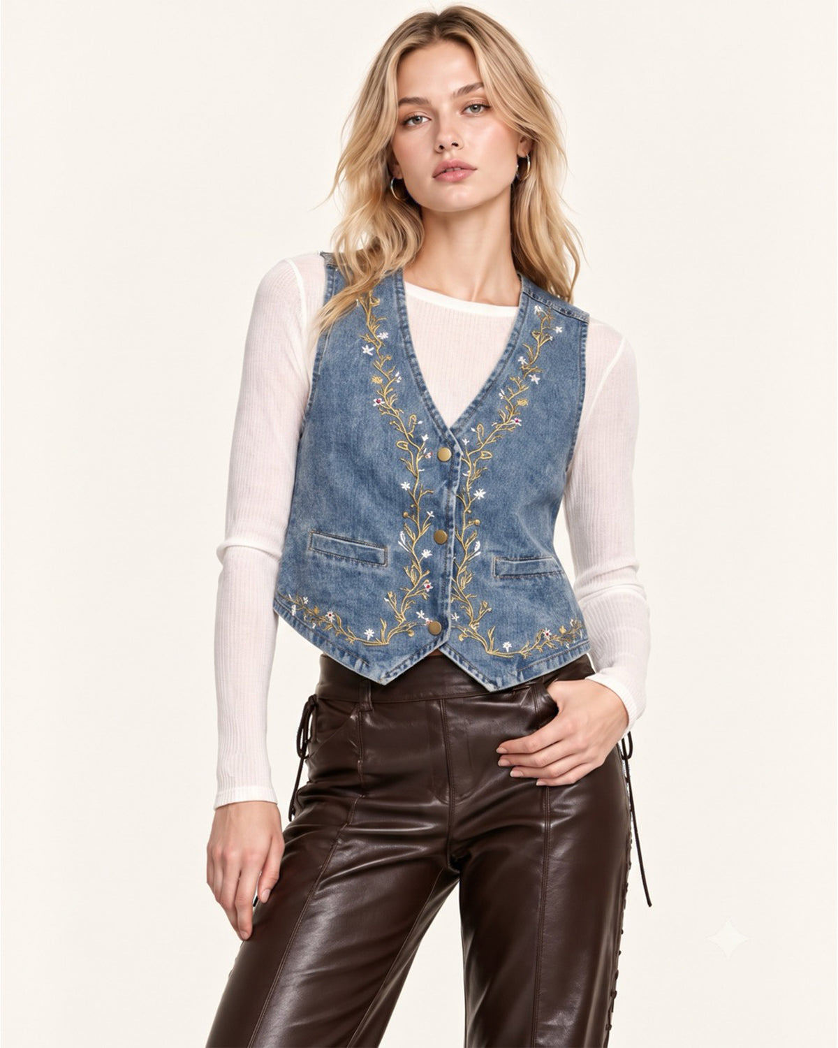 Botanical Vine Embroidered Denim Vest - Light Wash