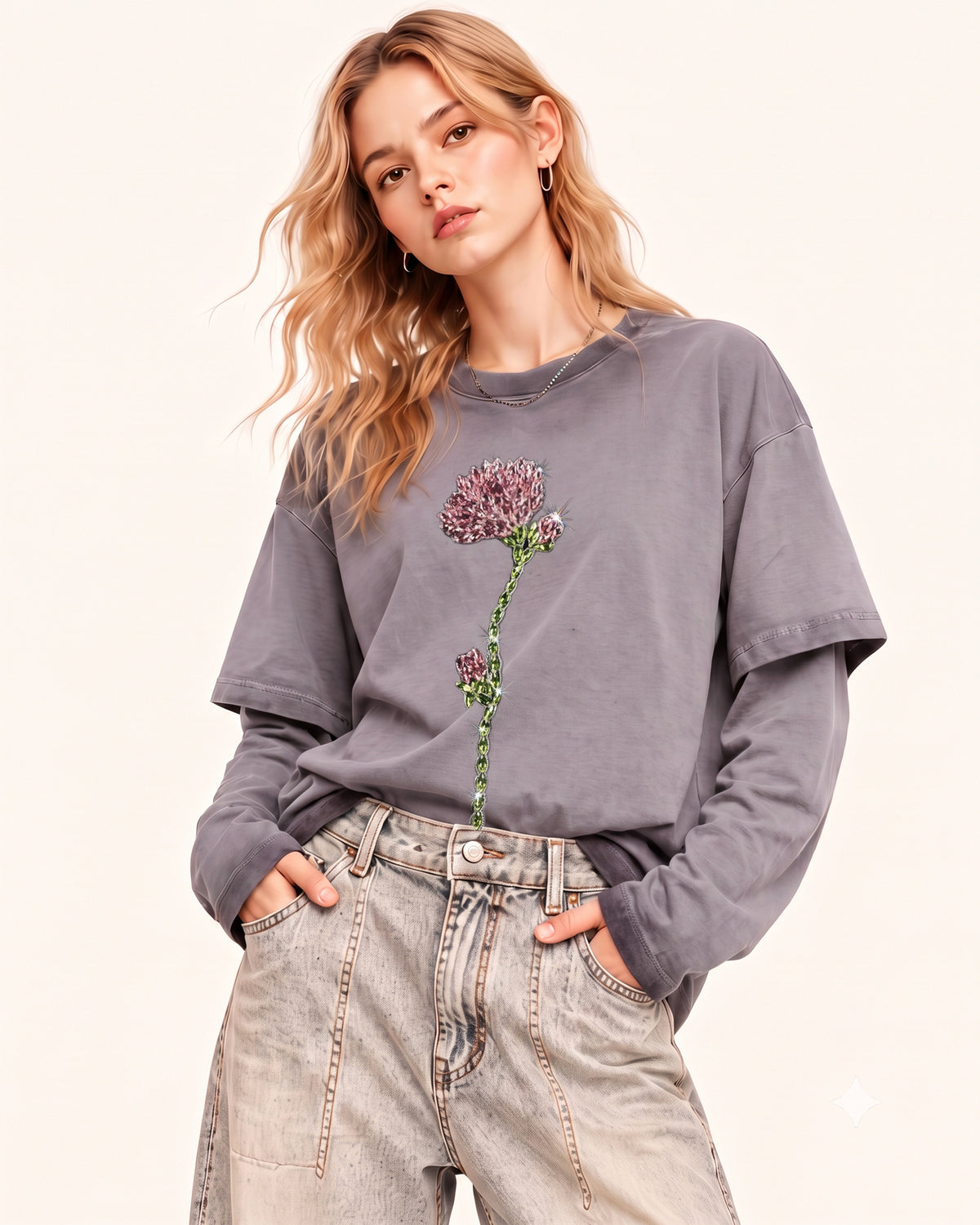 Rhinestone Rose Layered Sleeve Washed Tee - Faded Mauve