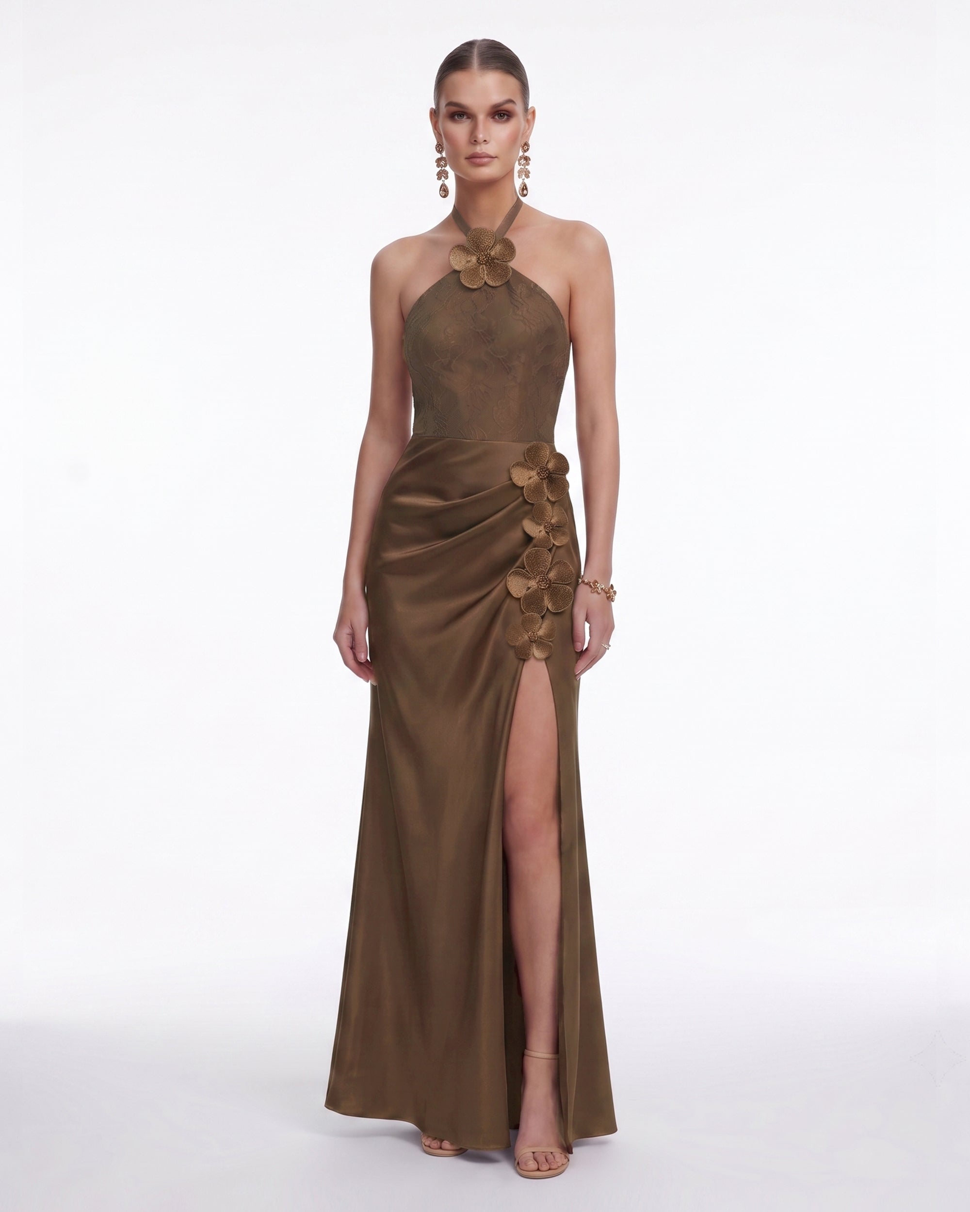 brown maxi dress with slit Floral Appliqué Halter Satin - Color:blue with ivory lace 2031 inspired retro glamour. Mermaid Bridal Gowns Gold