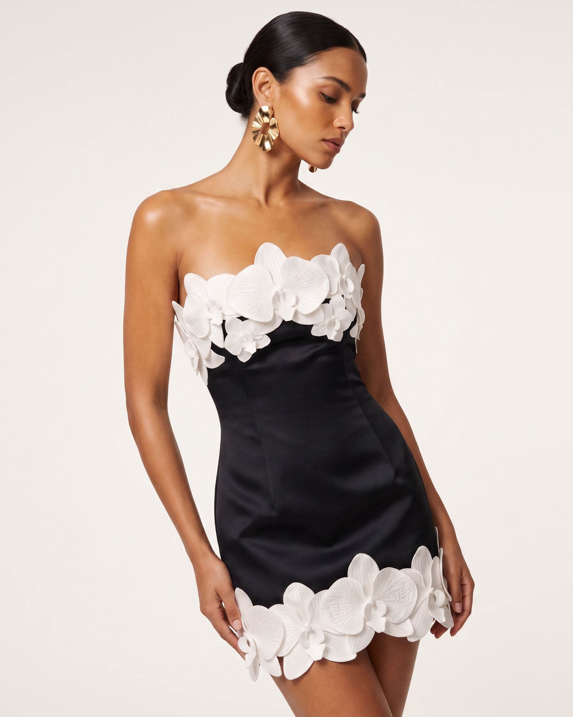 Orchid Trim Strapless Mini Dress - Black & Ivory