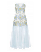 Floral Embroidered Strapless Tulle Maxi Dress - Light Blue
