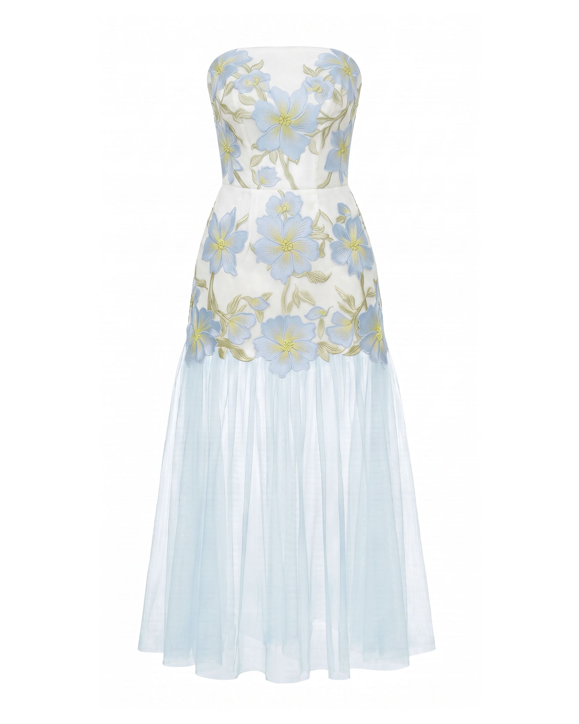 Floral Embroidered Strapless Tulle Maxi Dress - Light Blue