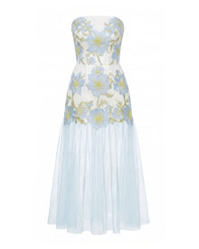 Floral Embroidered Strapless Tulle Maxi Dress - Light Blue
