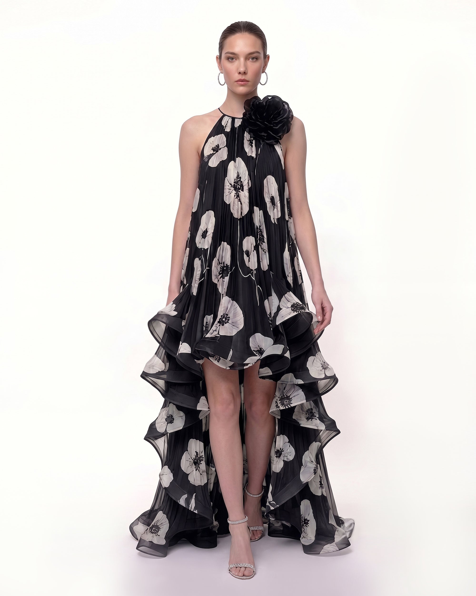 Floral Chiffon High-Low Halter Dress - Black