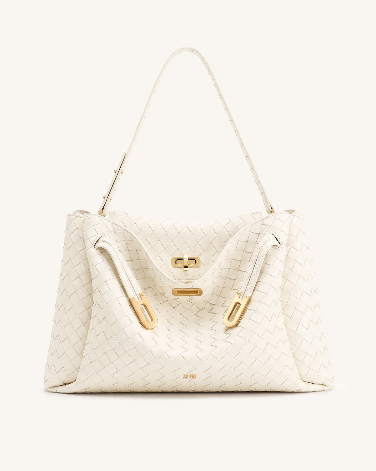 Rhea Large Woven Textured Shoulder Bag - Ivory white