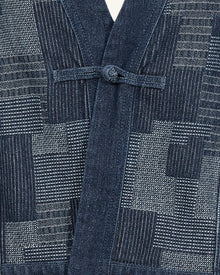 The Zen Sashiko Patchwork Frog Button Cardigan - Mosaic Blue