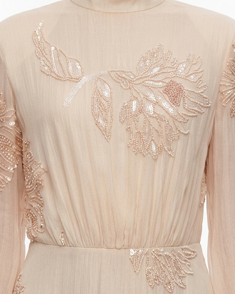 Floral Embroidered Mock-Neck Maxi Dress - Butter Cream