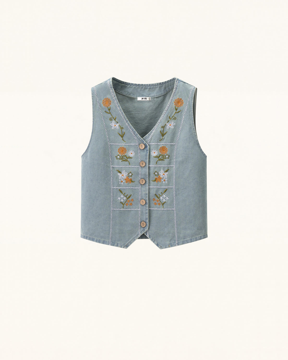 Folk Daisy Embroidered Denim Vest - Washed Sage