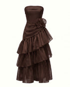 Orchid Embroidered Organza Strapless Midi Dress - Chocolate Brown