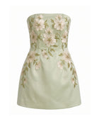 Floral Embroidered Strapless Corset Mini Dress - Light Yellowish Green