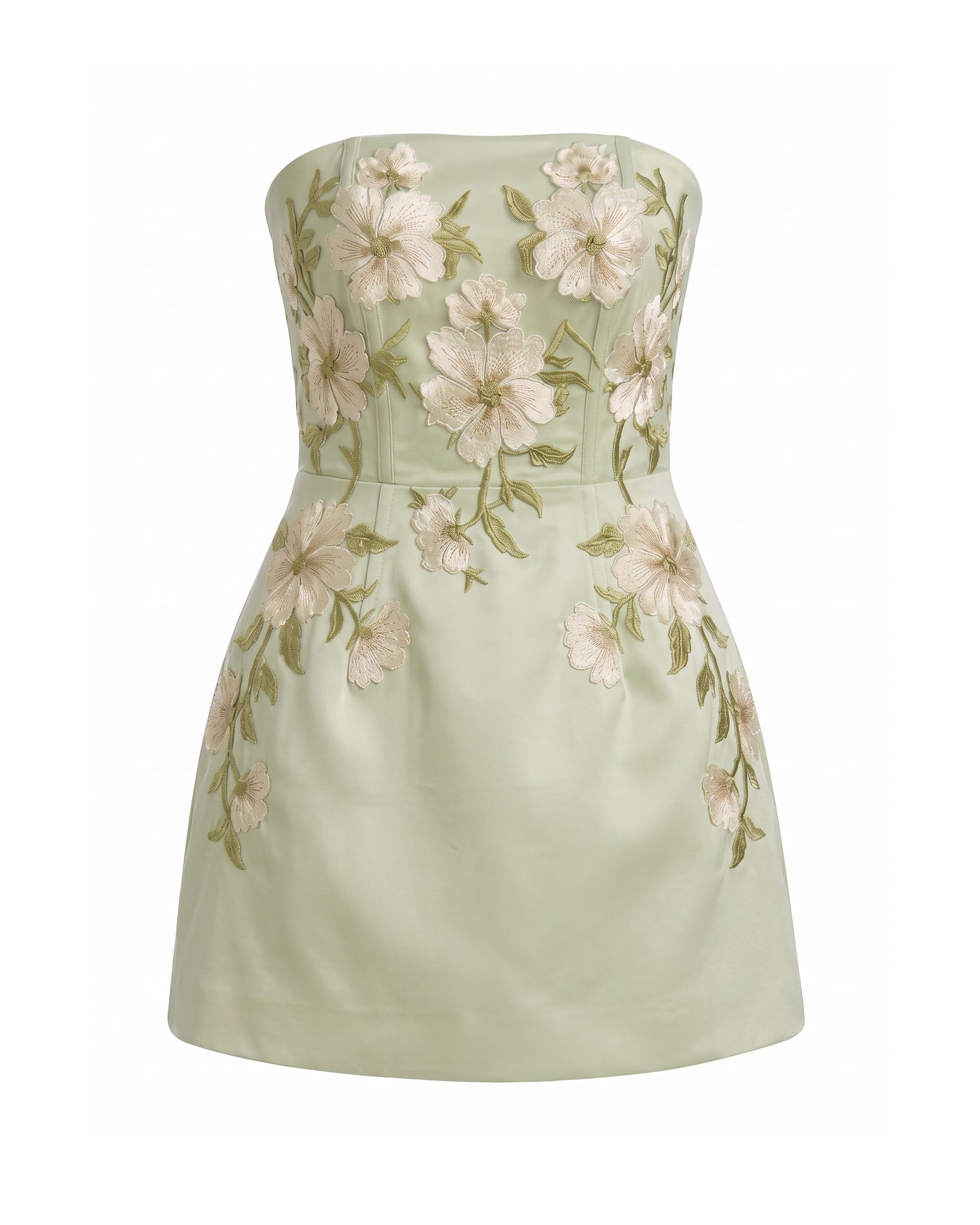 Floral Embroidered Strapless Corset Mini Dress - Light Yellowish Green