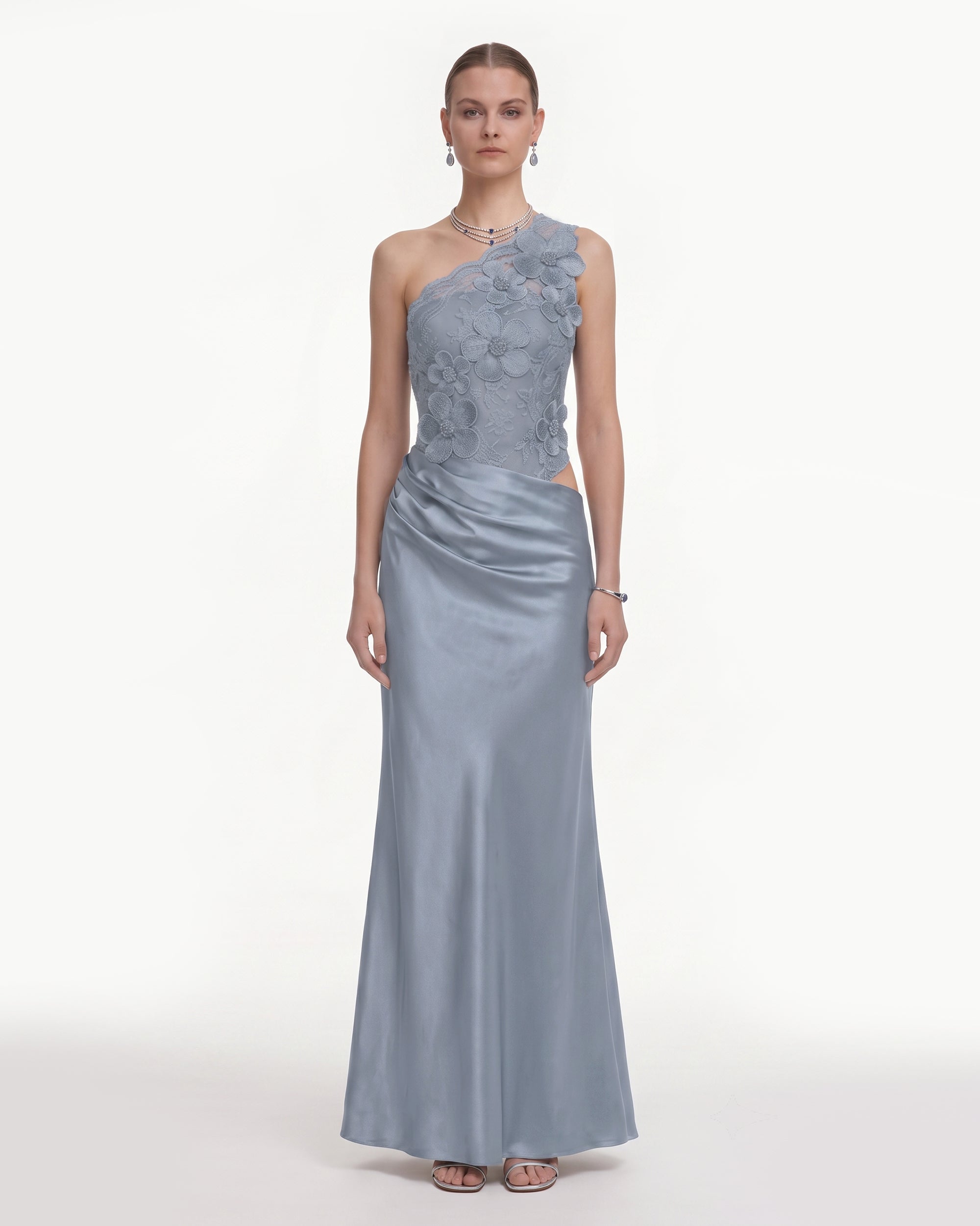 Floral One Shoulder Satin Dress - Dusty Blue