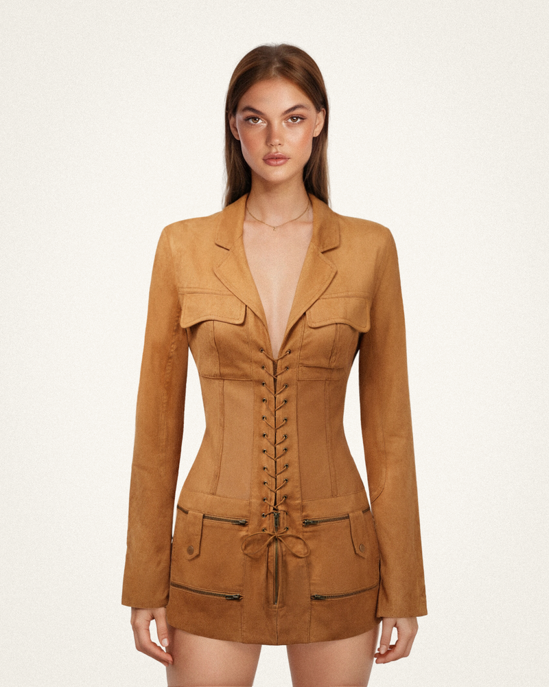 Faux Suede Corset Jacket Mini Dress - Camel