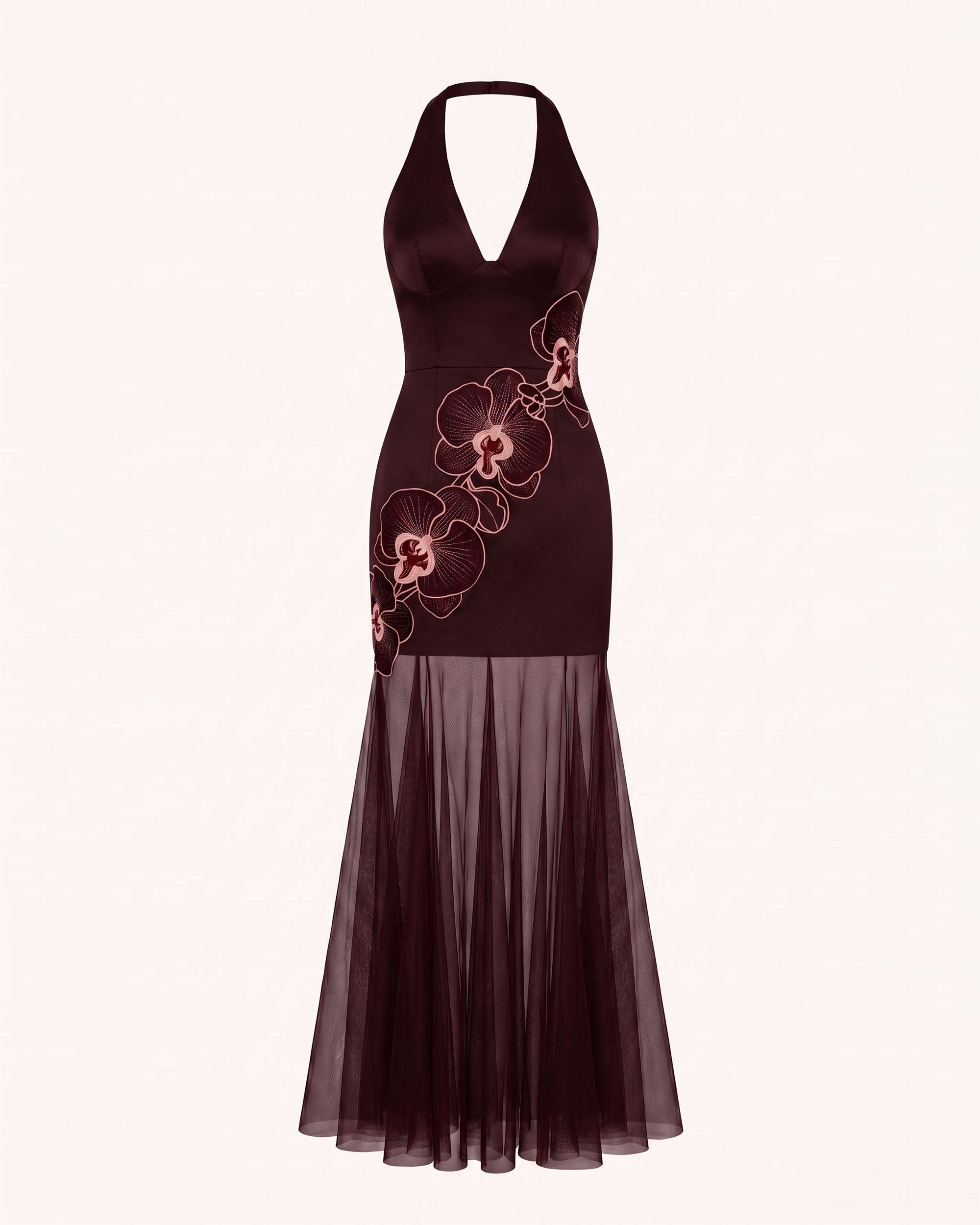 Orchid Embroidered Sheer Hem Halter Maxi Dress - Burgundy