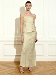 Linen Corded Embroidery Maxi Skirt - Natural