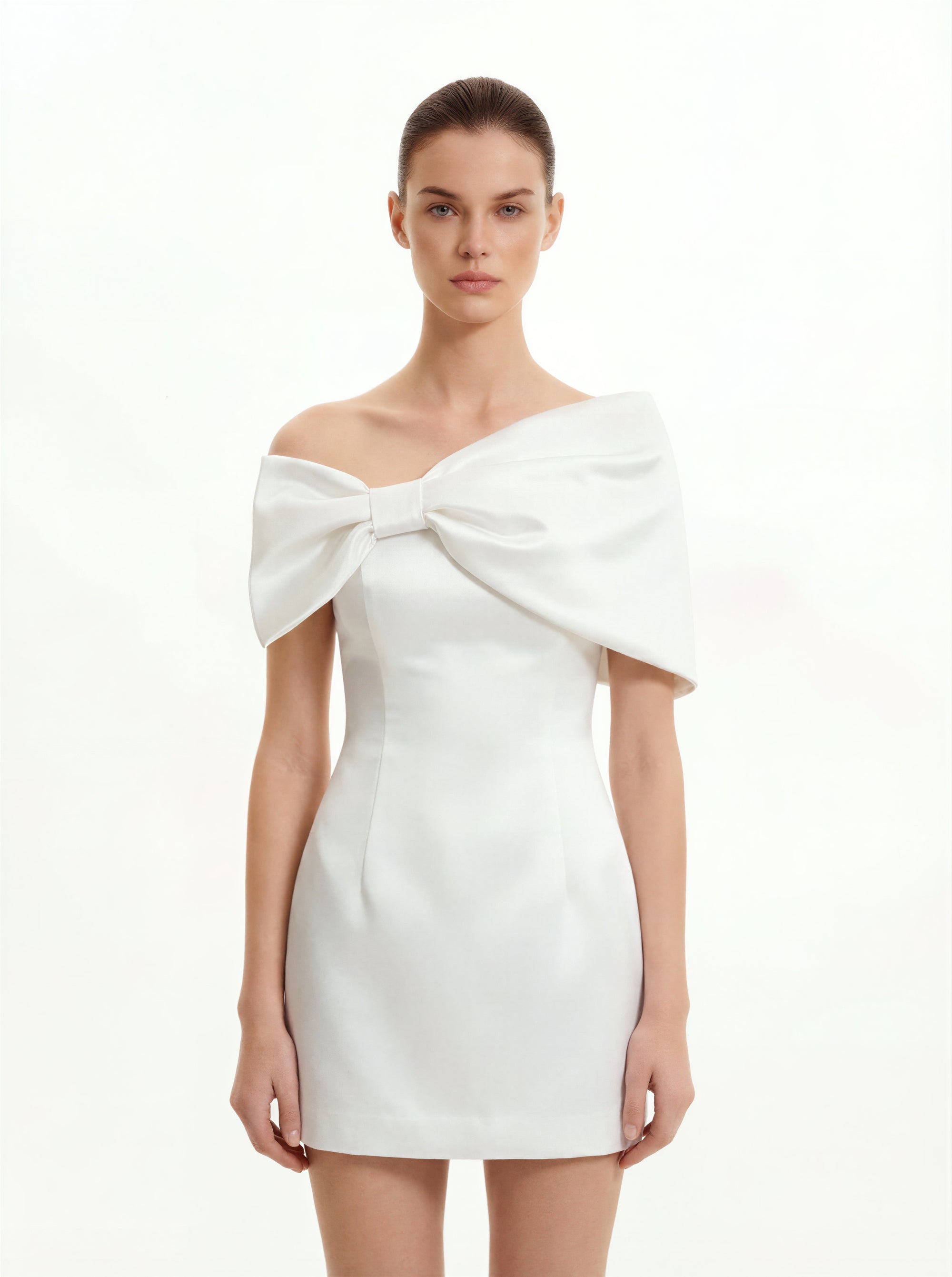 Satin Asymmetric Bow Mini Dress - White