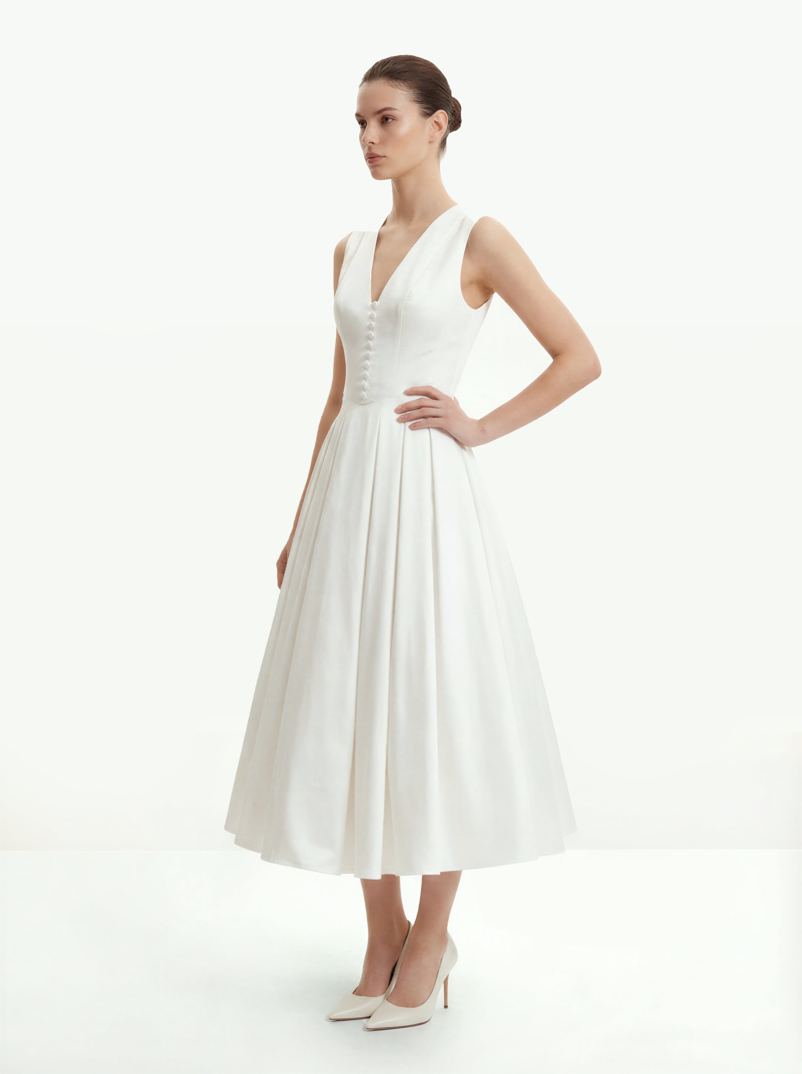 Front V-Neck Pleated Midi Dress - White
