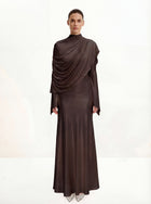 Sheer Shawl Ruched Bodycon Maxi Gown - Brown
