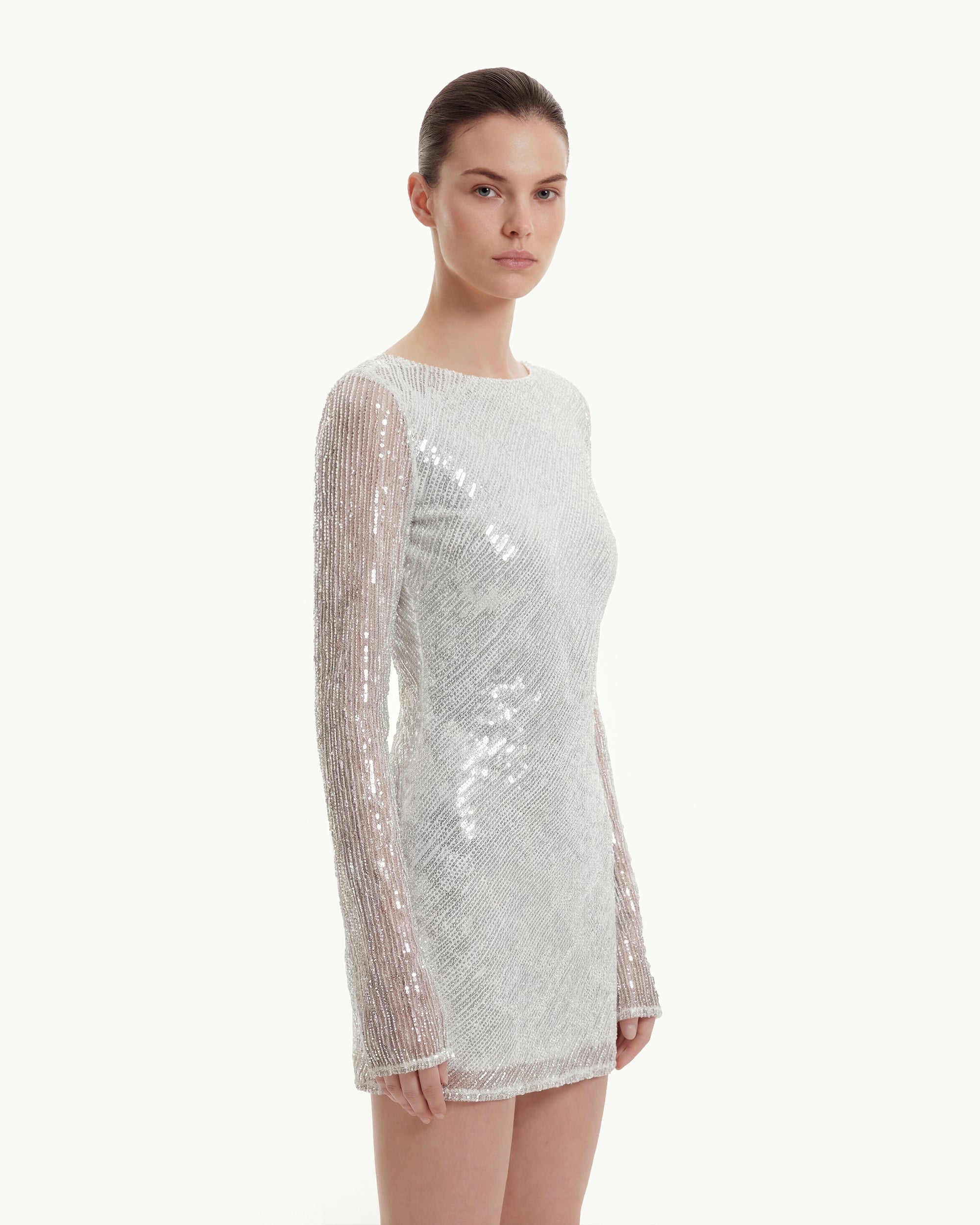 Diagonal Sequin Open-Back Long Sleeve Mini Dress - White