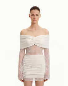 Off-Shoulder Ruched Mini Dress with Lace Sleeves - White