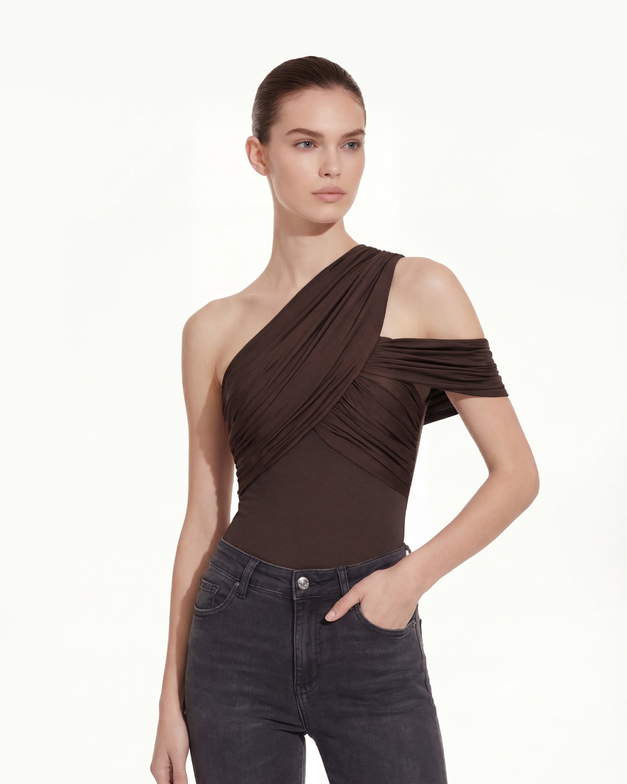 Ruched Asymmetric One-Shoulder Top - Brown