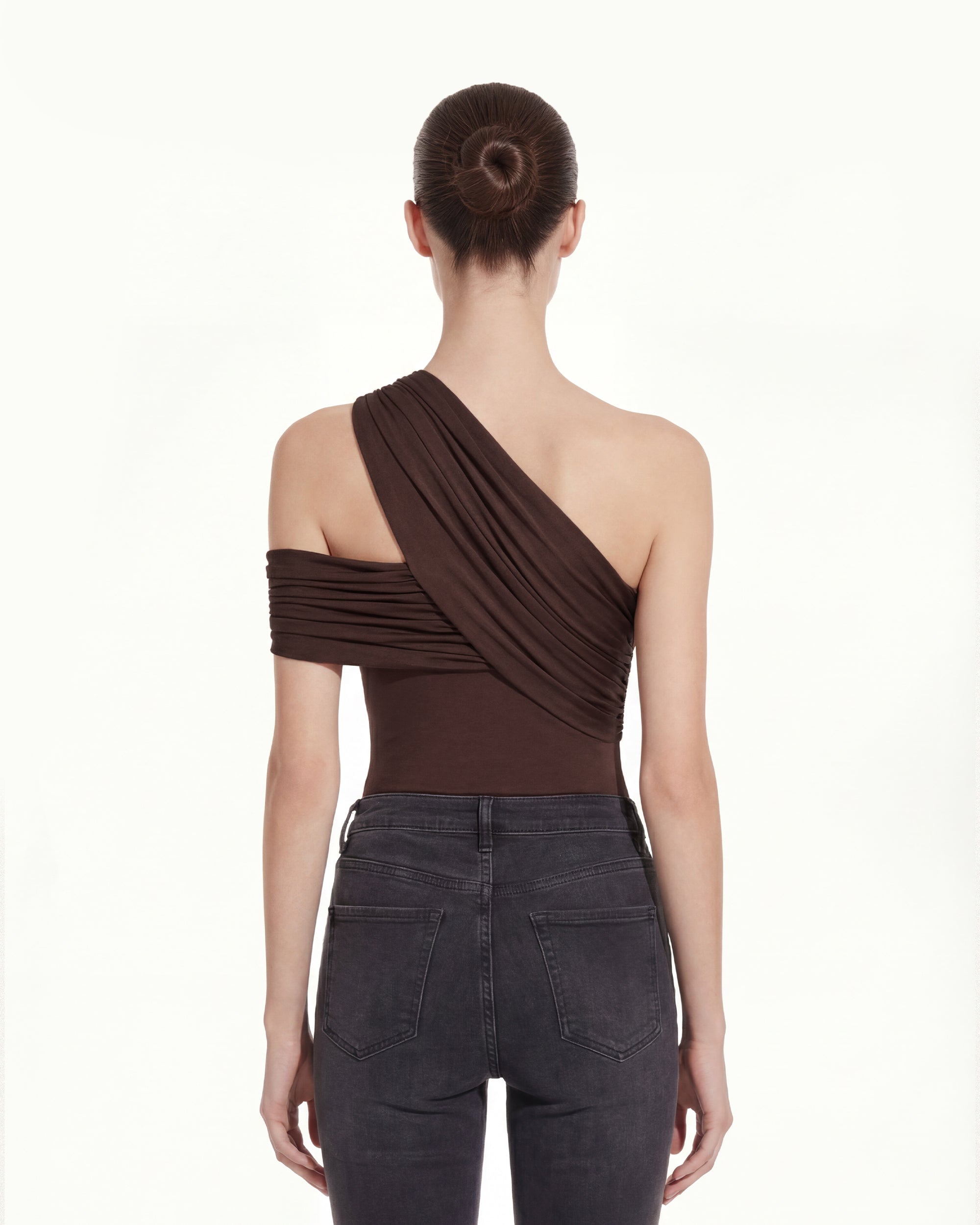 Ruched Asymmetric One-Shoulder Top - Brown