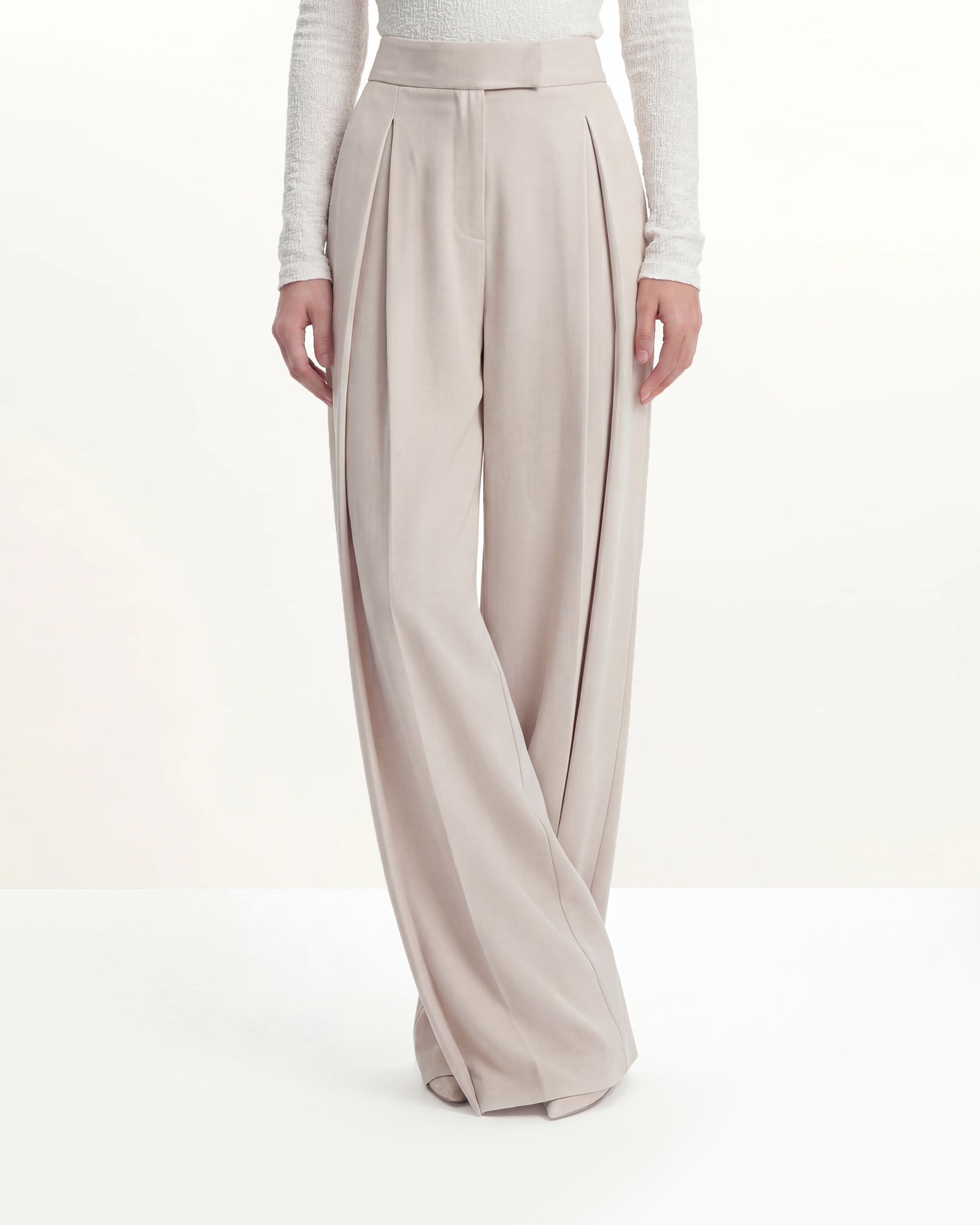 Pleated Wide-Leg Trousers - Beige