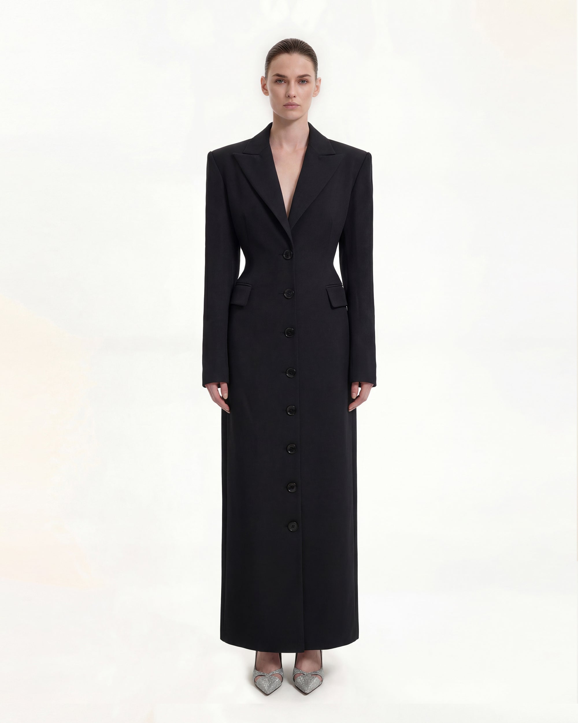Structured Shoulder Fitted Lapel Maxi Coat - Black