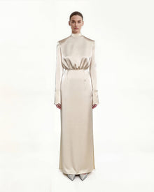 Structured shoulder design satin high-neck fitted midi dress - Cream
