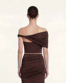 Ruched Twist Off-Shoulder Top - Brown