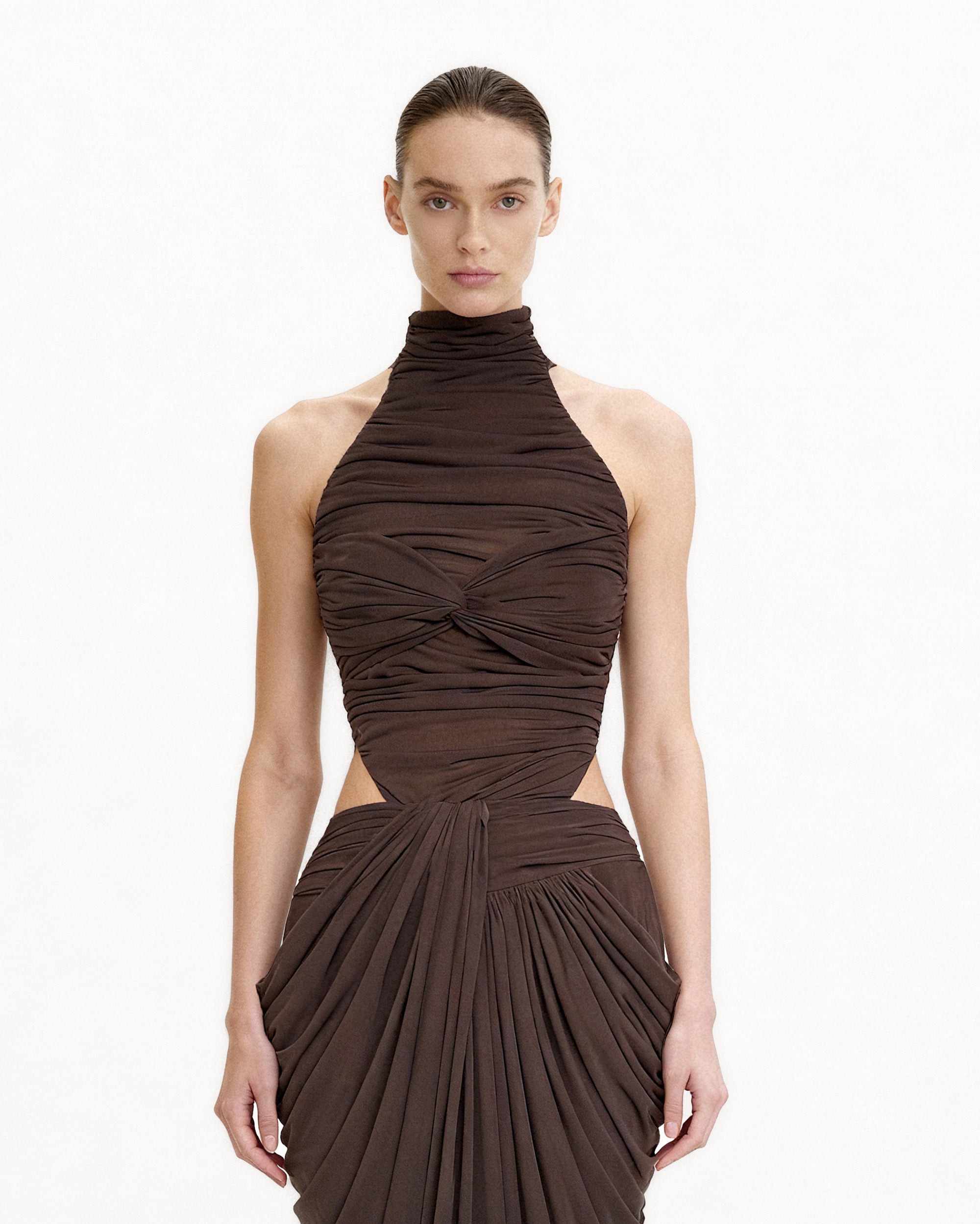 Ruched Twist-Front Halter Bodysuit - Brown