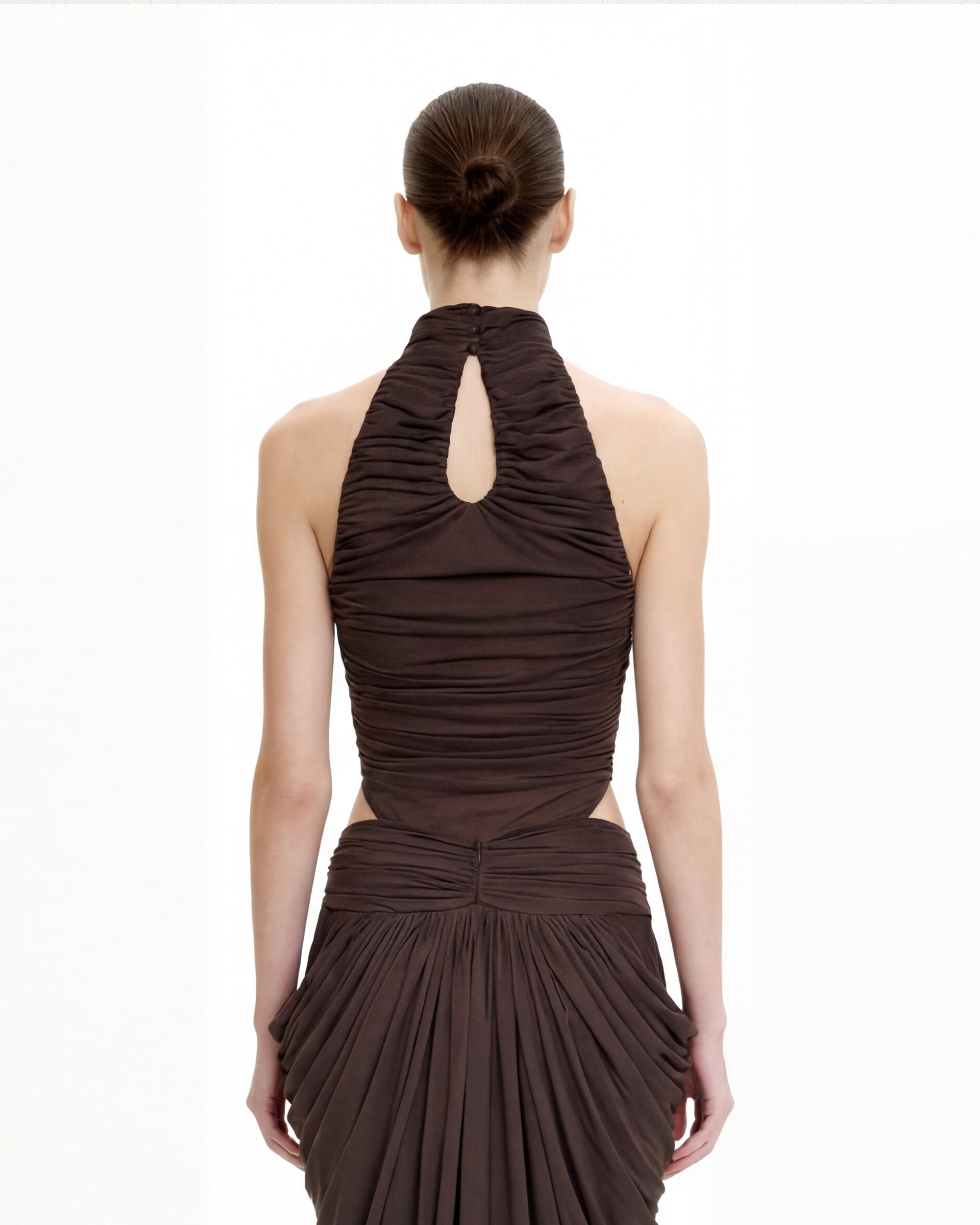 Ruched Twist-Front Halter Bodysuit - Brown